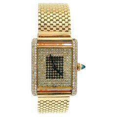 Vintage Cartier Tank París 18K Oro Amarillo y Pave Bisel Esfera Caja y Papeles