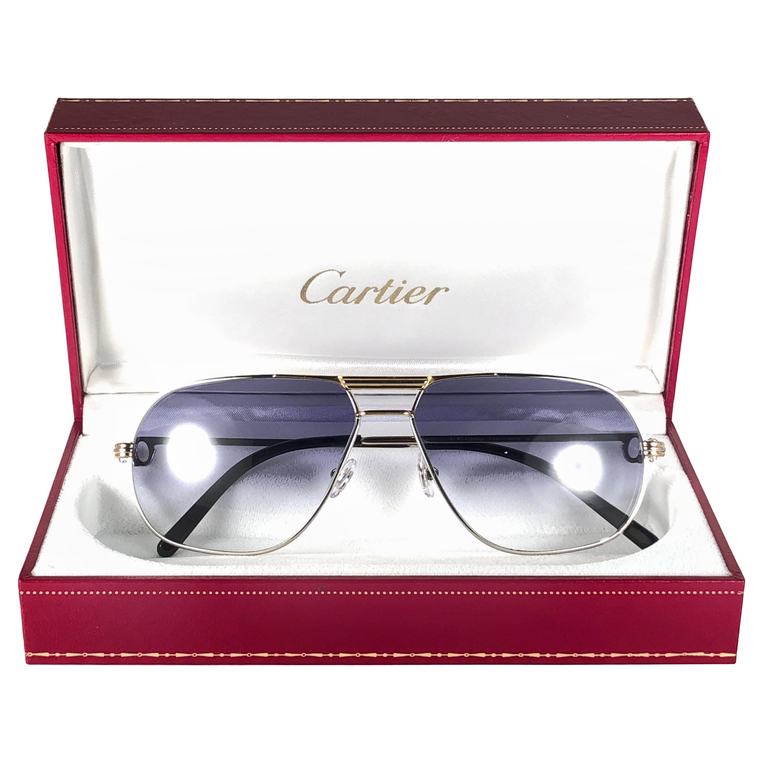 Vintage Cartier: 18 Karat vergoldete Vintage-Sonnenbrille, 59 mm, Tank Platin, Medium, Frankreich im Angebot