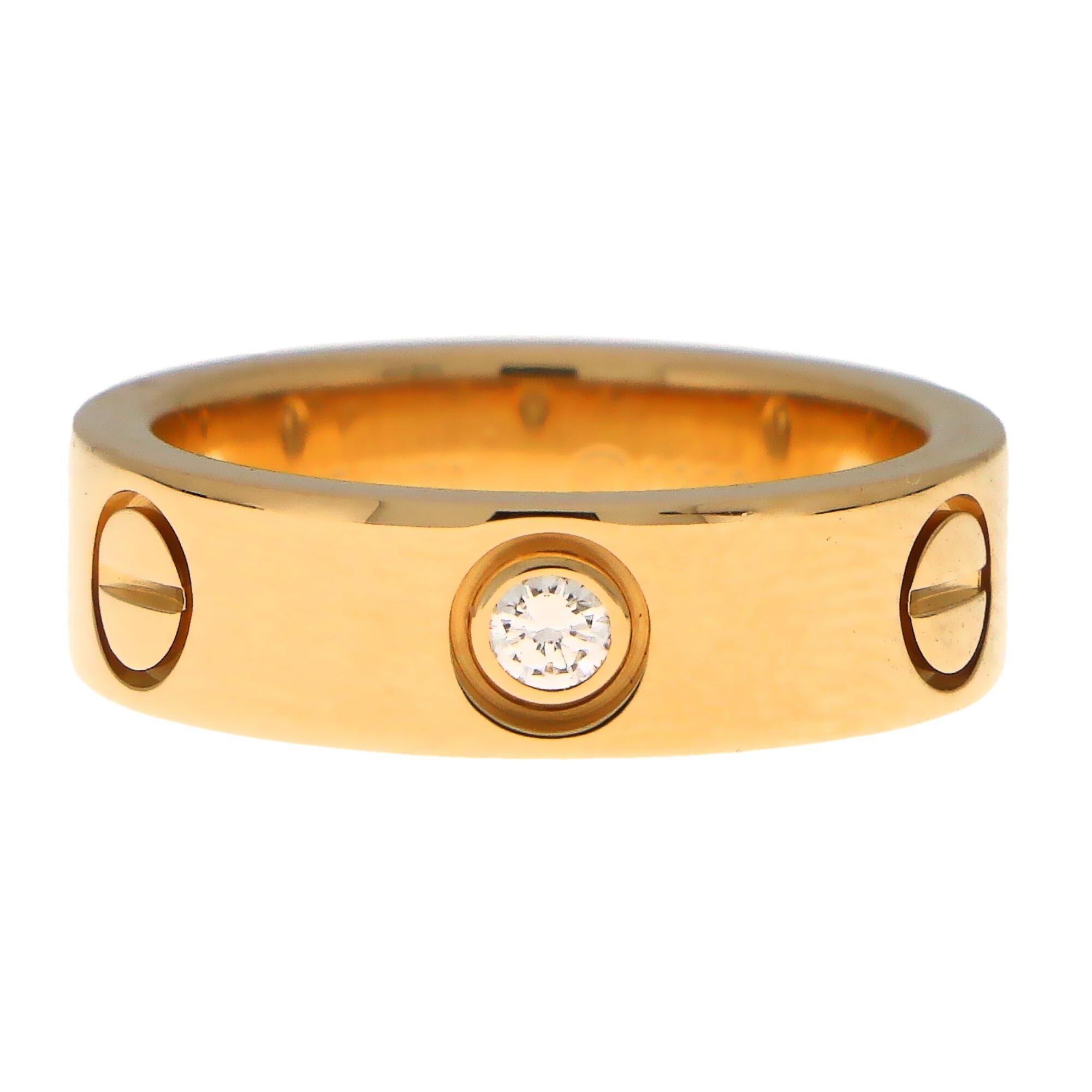 Round Cut Vintage Cartier Three Diamond Love Ring Set in 18k Yellow Gold