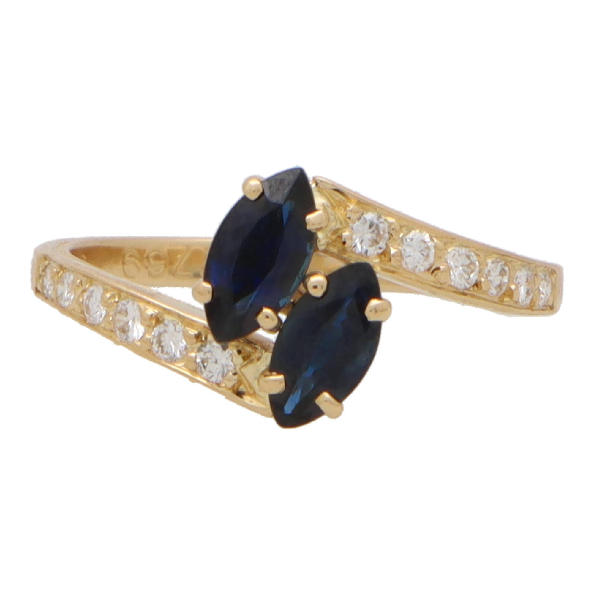 A beautiful vintage Cartier toi-et-moi sapphire and diamond crossover ring set in 18k yellow gold.

The phrase ‘toi-et-moi’ simply means ‘me and you’ and is famously known for being one of the most romantic ring designs in the jewellery industry. A