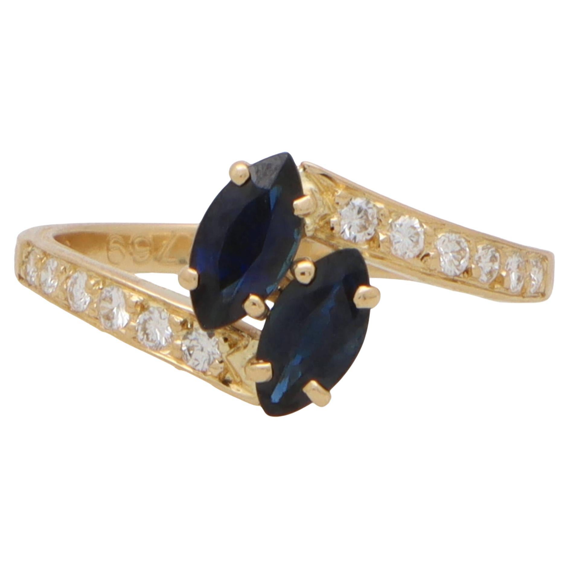 Vintage Cartier Toi-et-moi Marquise Sapphire and Diamond Crossover Ring in Gold