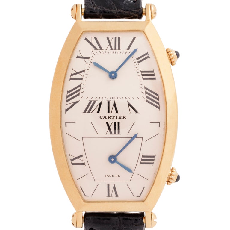 Vintage By Cartier Tonneau Dual-Time in oro giallo 18 carati di grandi  dimensioni