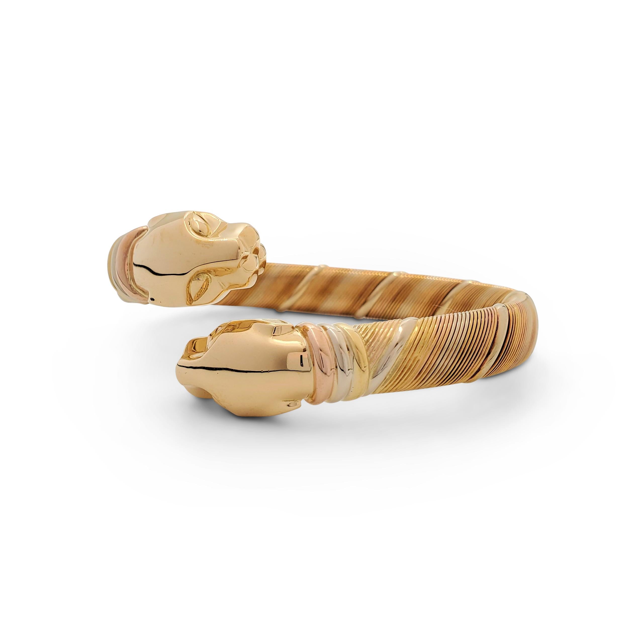 Vintage Cartier Dreifarbiges Gold Doppelkopf Panthère Bypass-Armband für Damen oder Herren