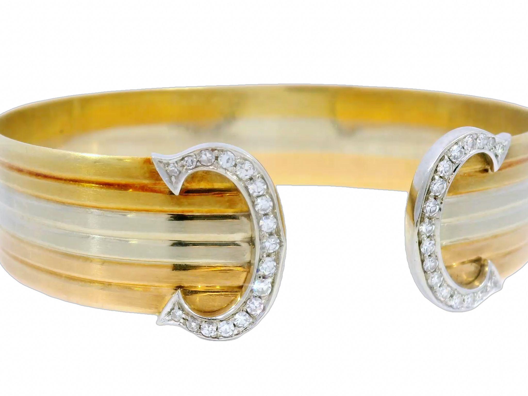 Vintage Cartier Tri Color Trinity Double C Diamant-Manschettenarmband aus 18 Karat Gold, dreifarbig (Rundschliff)