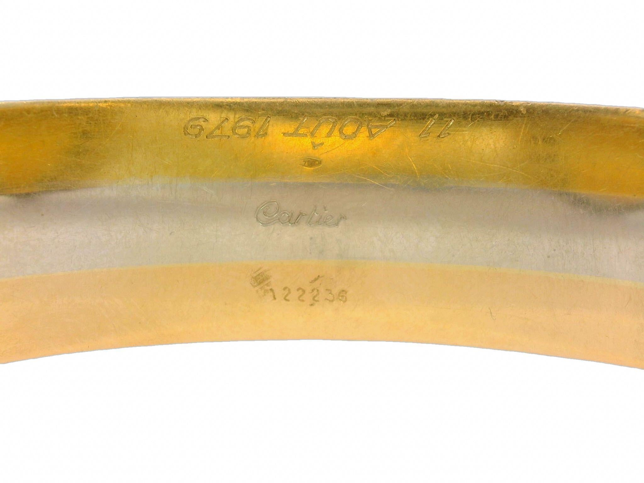 Vintage Cartier Tri Color Trinity Double C Diamant-Manschettenarmband aus 18 Karat Gold, dreifarbig im Zustand „Gut“ in Fairfield, CT
