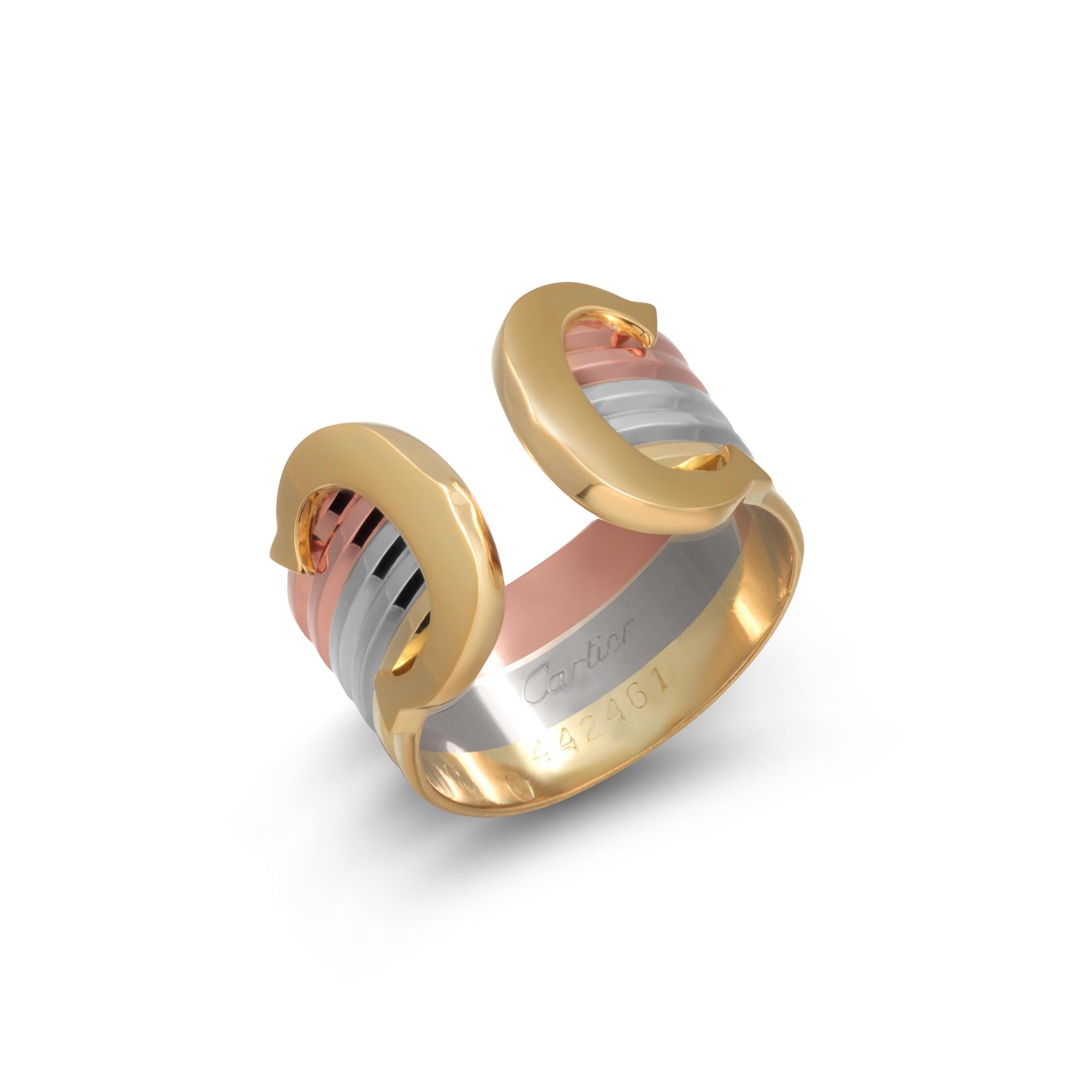 Description
Elevate your collection with this rare, vintage Cartier tri-color gold open band ring—a true embodiment of timeless luxury and sophisticated craftsmanship. The interwoven bands of yellow, white, and rose 18K gold reflect the iconic