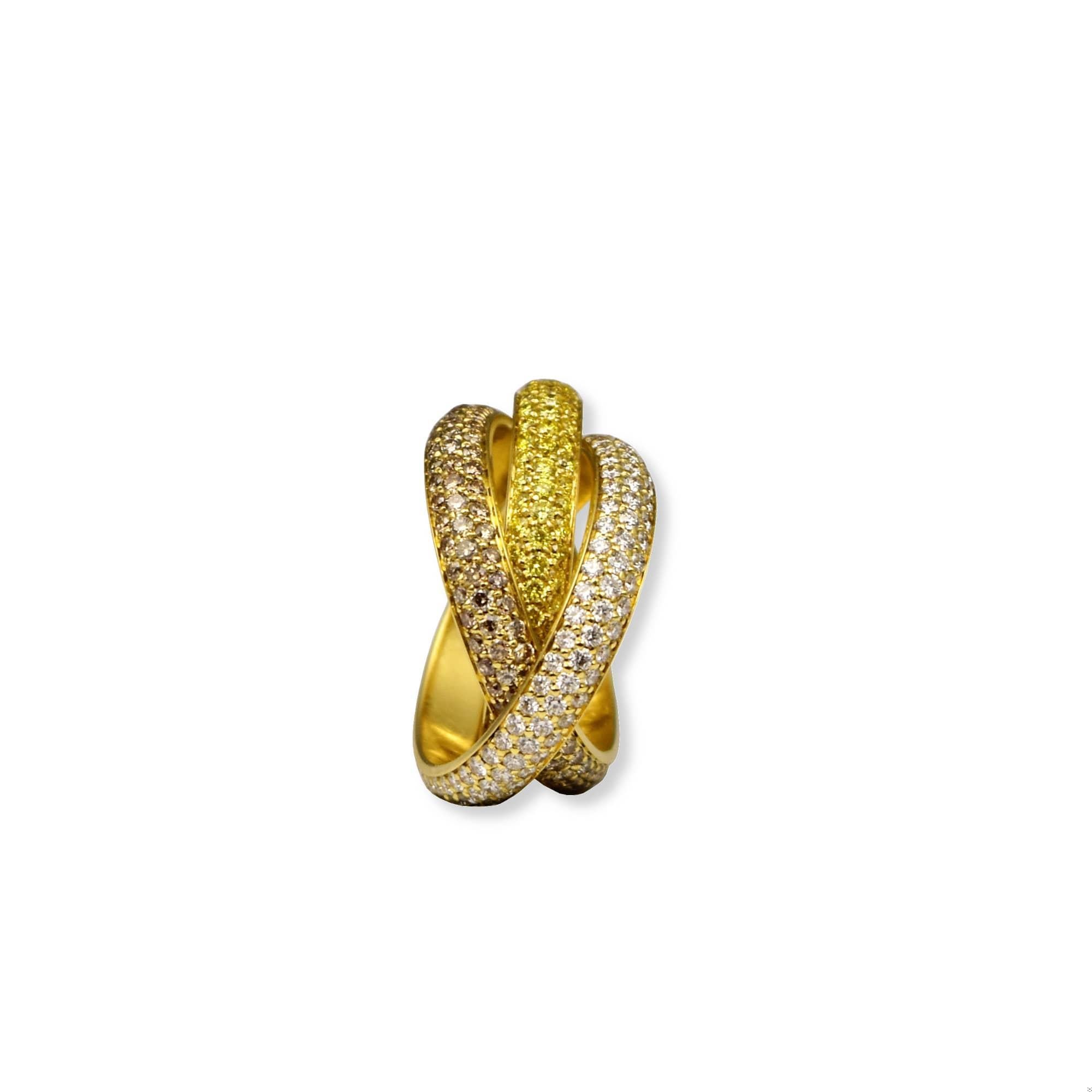 Round Cut Vintage Cartier Trinity 18k Tri-Gold Yellow, White, Brown Diamond 3 Band Ring For Sale