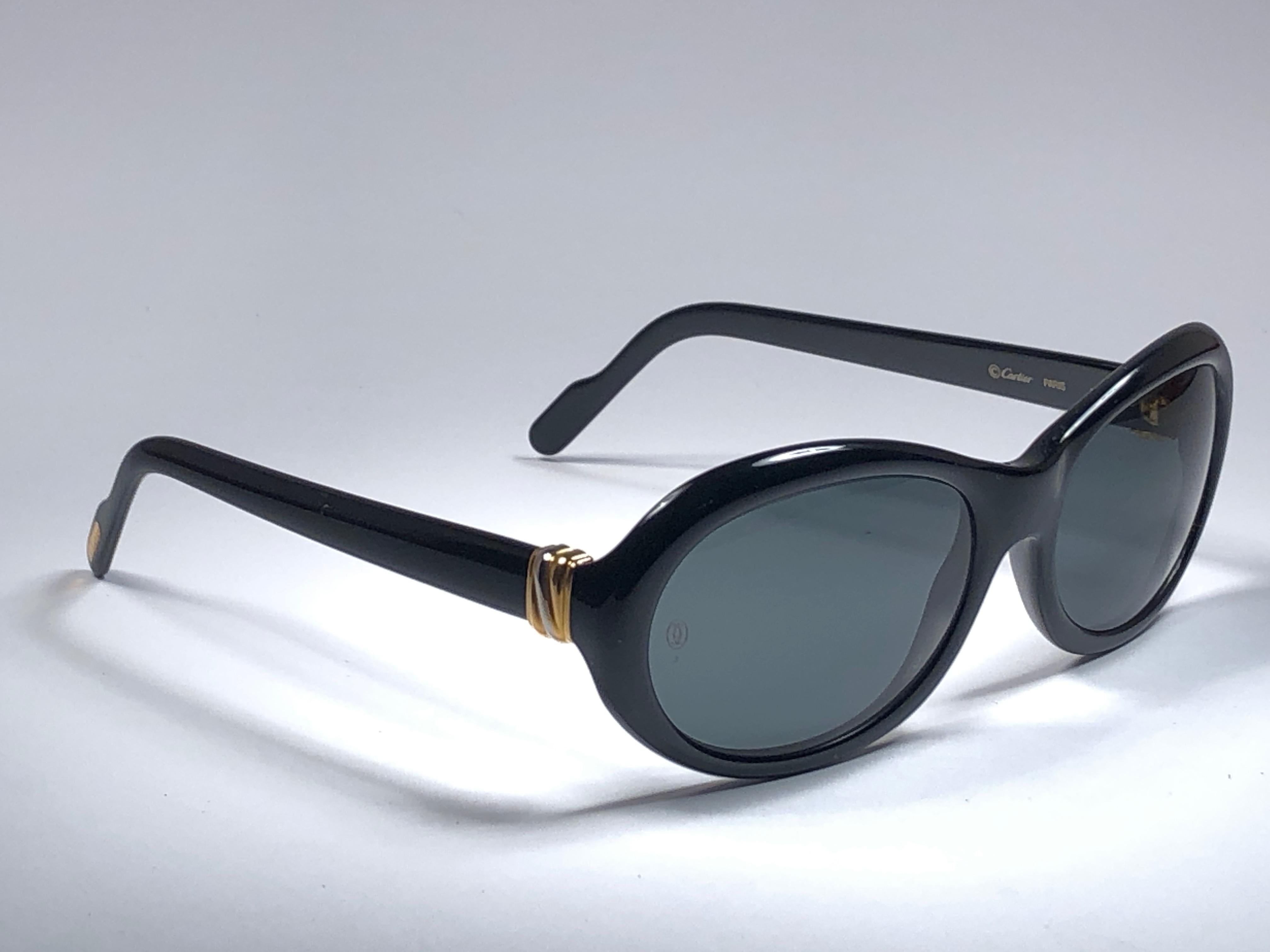 New Cartier in black with grey (uv protection) lenses. 
Frame is black and has the famous real gold and white gold accents. All hallmarks. 
These are like a pair of jewels on your nose with the 18k heavy gold plated accents. 
Beautiful design and a