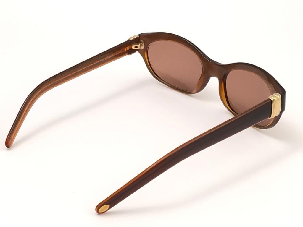 Vintage Cartier Trinity Brown 18k Gold Plated Accents 1990 Sunglasses France For Sale 1