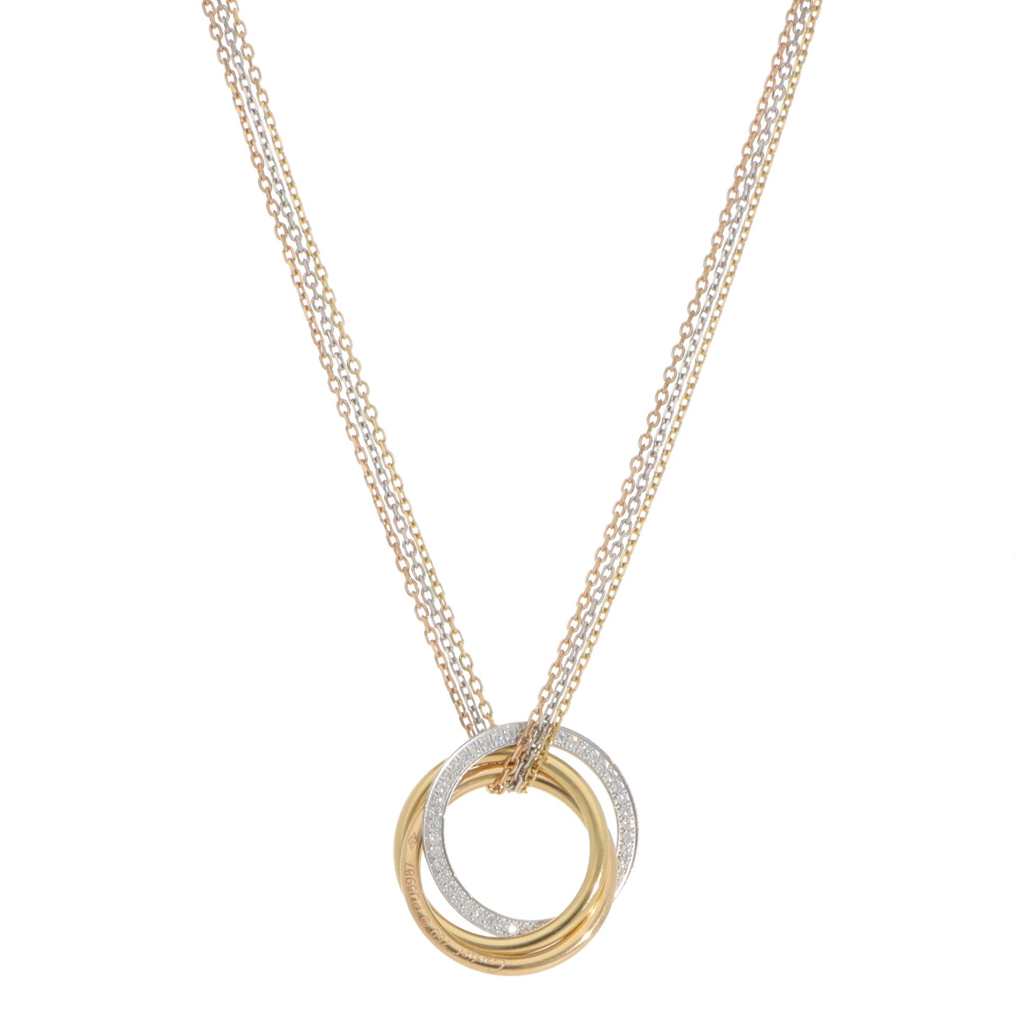 A beautiful vintage Cartier Trinity diamond necklace set in 18k yellow, rose and white gold.

The necklace is composed of three 2.5-millimetre bands, which are soldered together to create the hoop. This particular design is with the white gold band