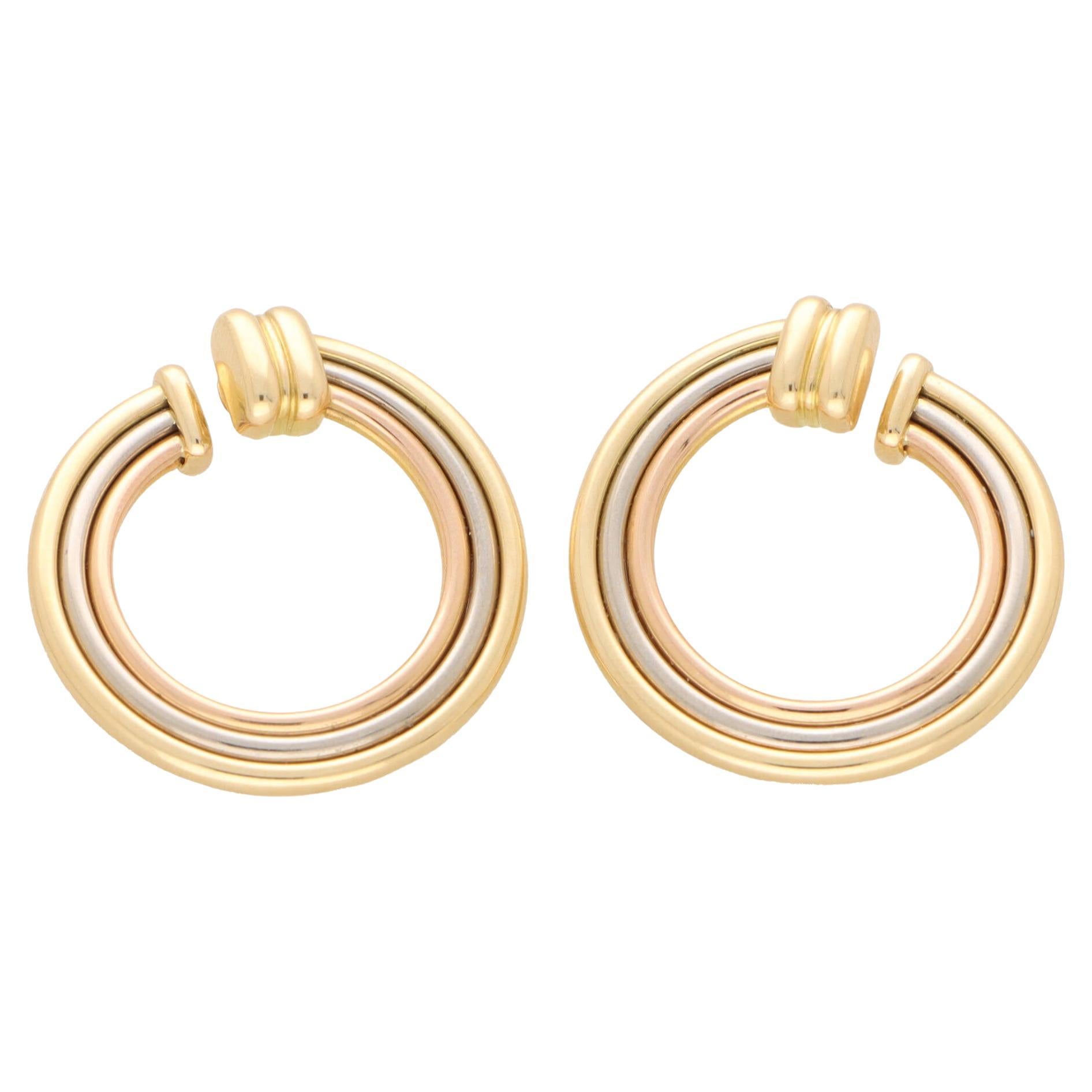 Vintage Cartier Trinity Large Hoop Earrings in 18k Yellow, Rose and White Gold For Sale
