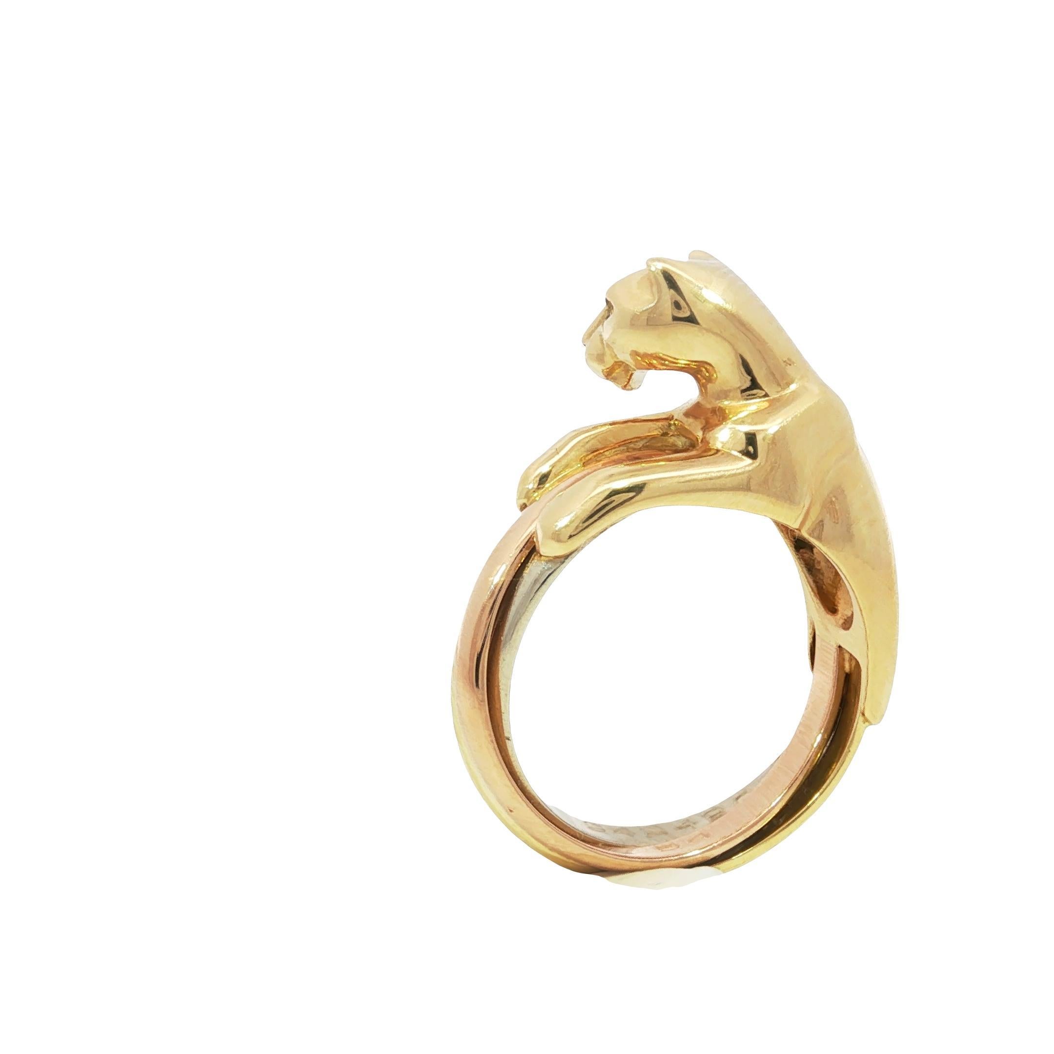 Anello Cartier Trinity Panther d'epoca in oro 18 carati con naso di diamante e occhi di smeraldo In condizioni buone in vendita a Fairfield, CT