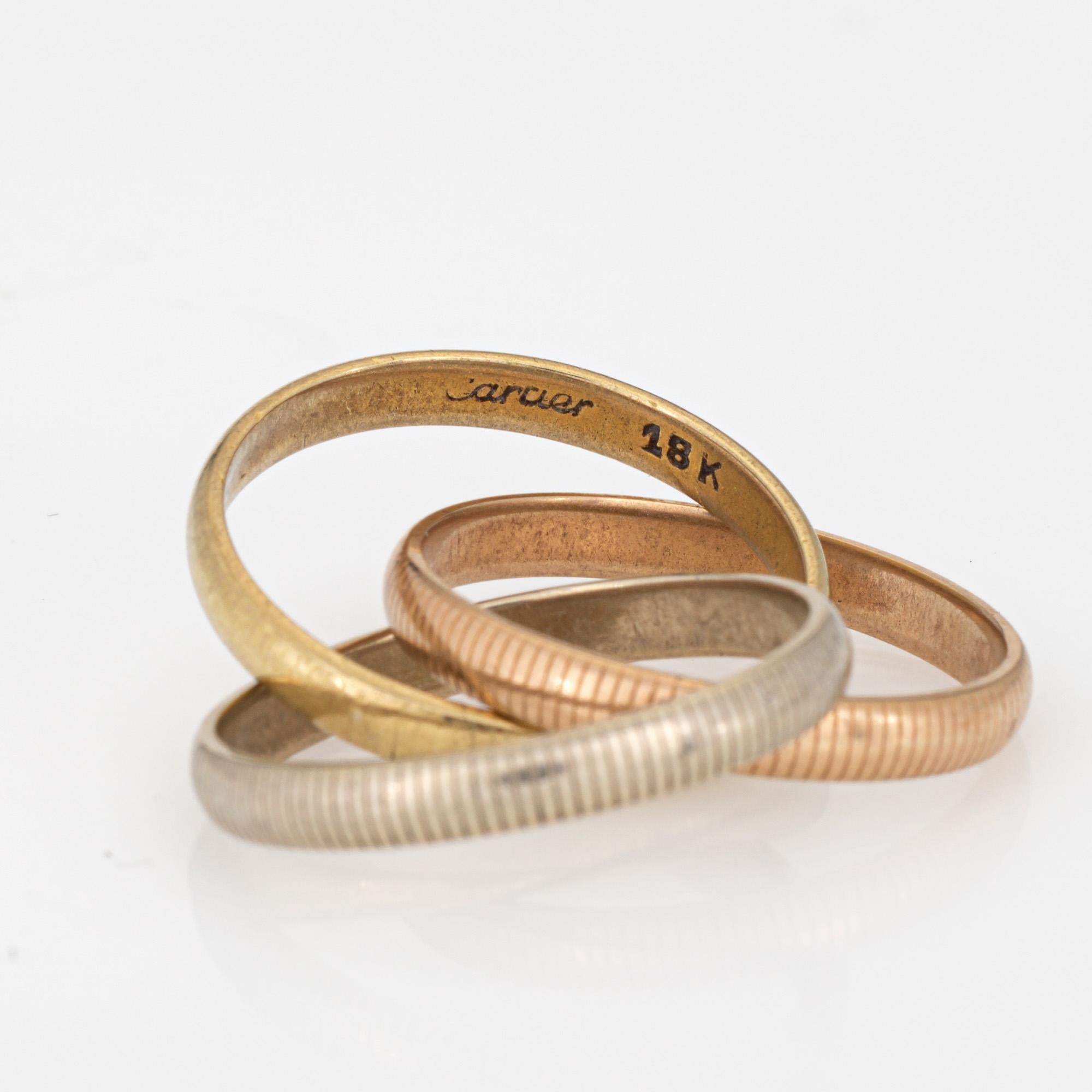 da uomo o donna Cartier Trinity Ring Sz 5 Ribbed Design 18k Tri Gold Rolling Bands d'epoca in vendita