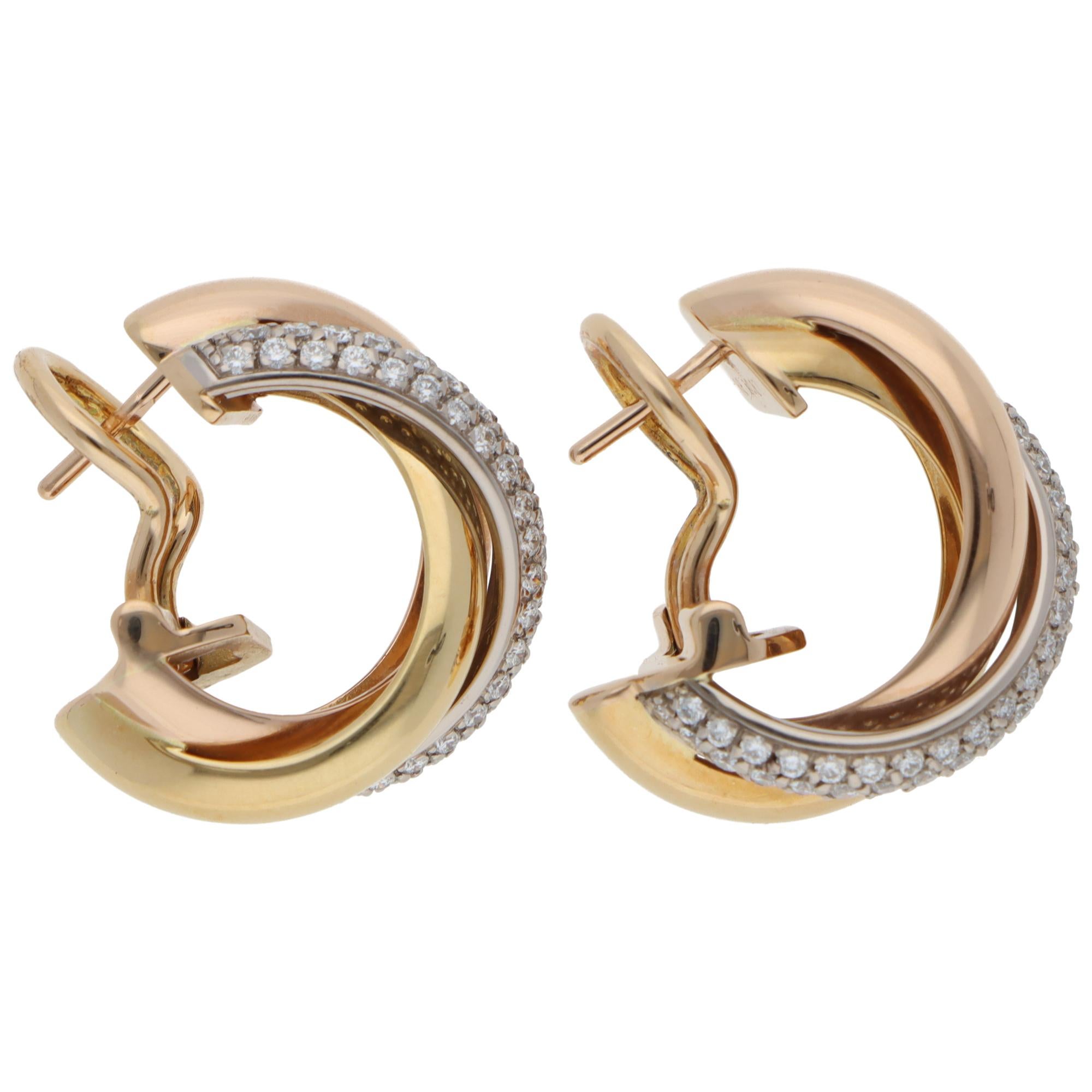 Modern Vintage Cartier Trinity Semi-Paved Diamond Hoop Earrings