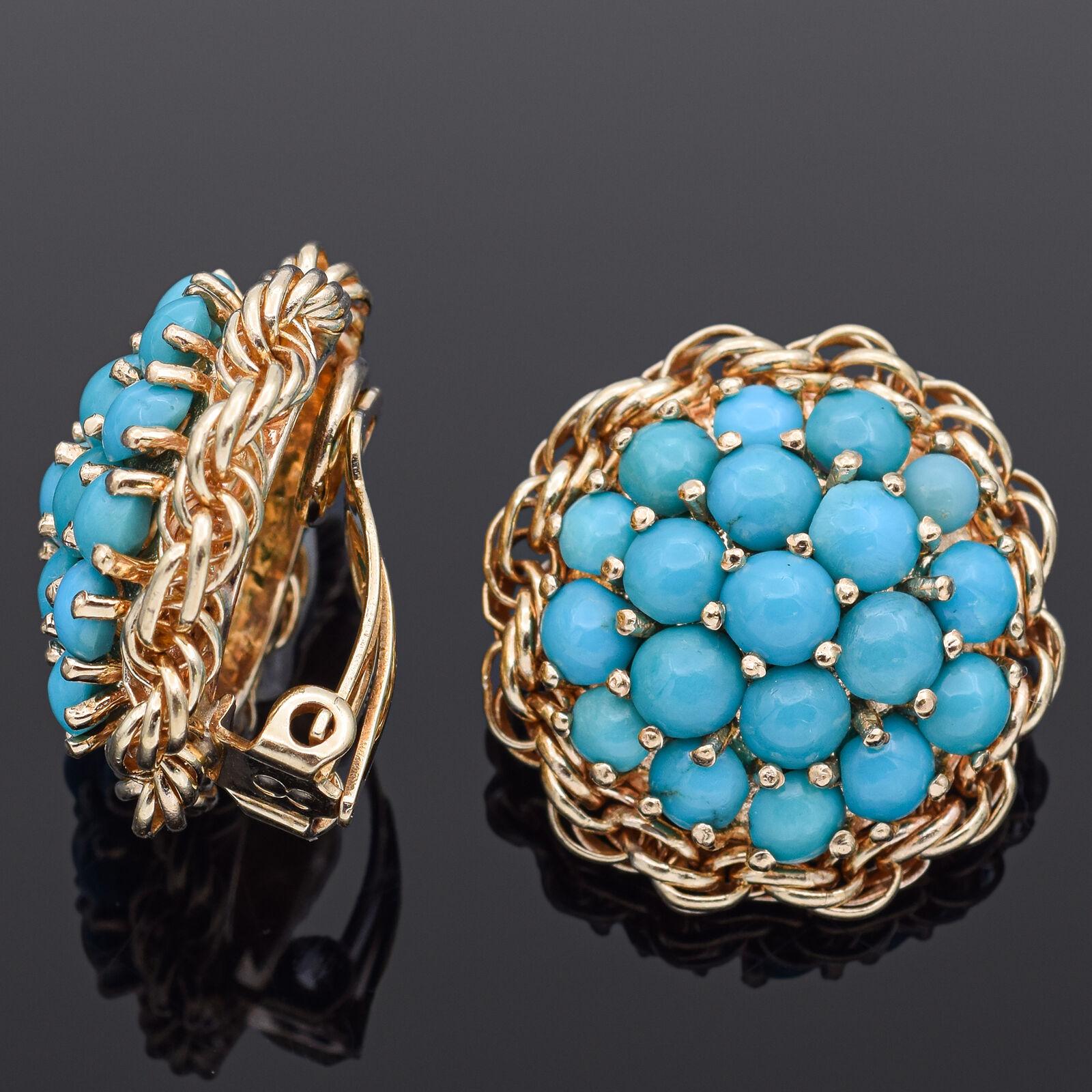 Round Cut Vintage Cartier Turquoise Yellow Gold Cluster Clip-On Earrings For Sale