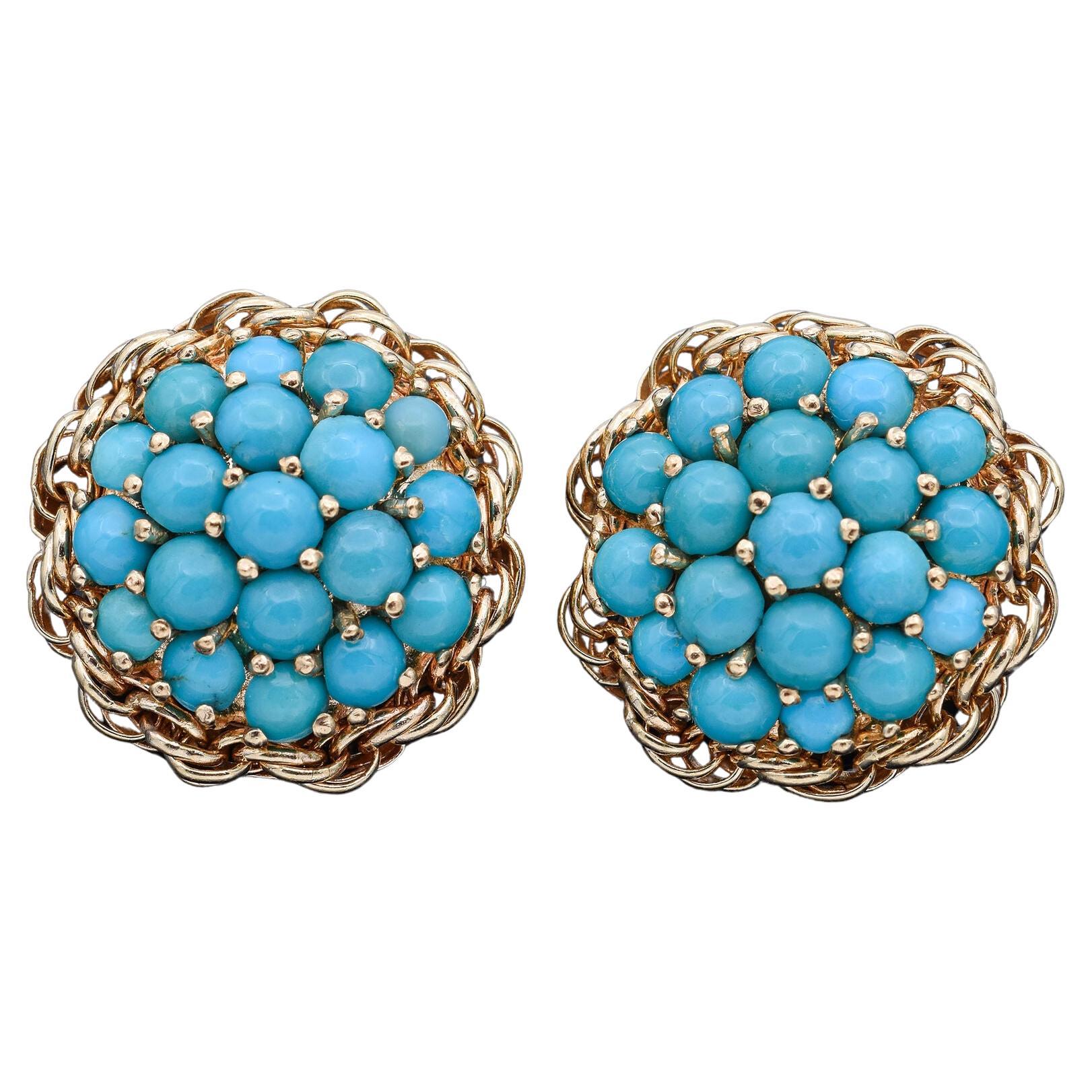 Vintage Cartier Turquoise Yellow Gold Cluster Clip-On Earrings