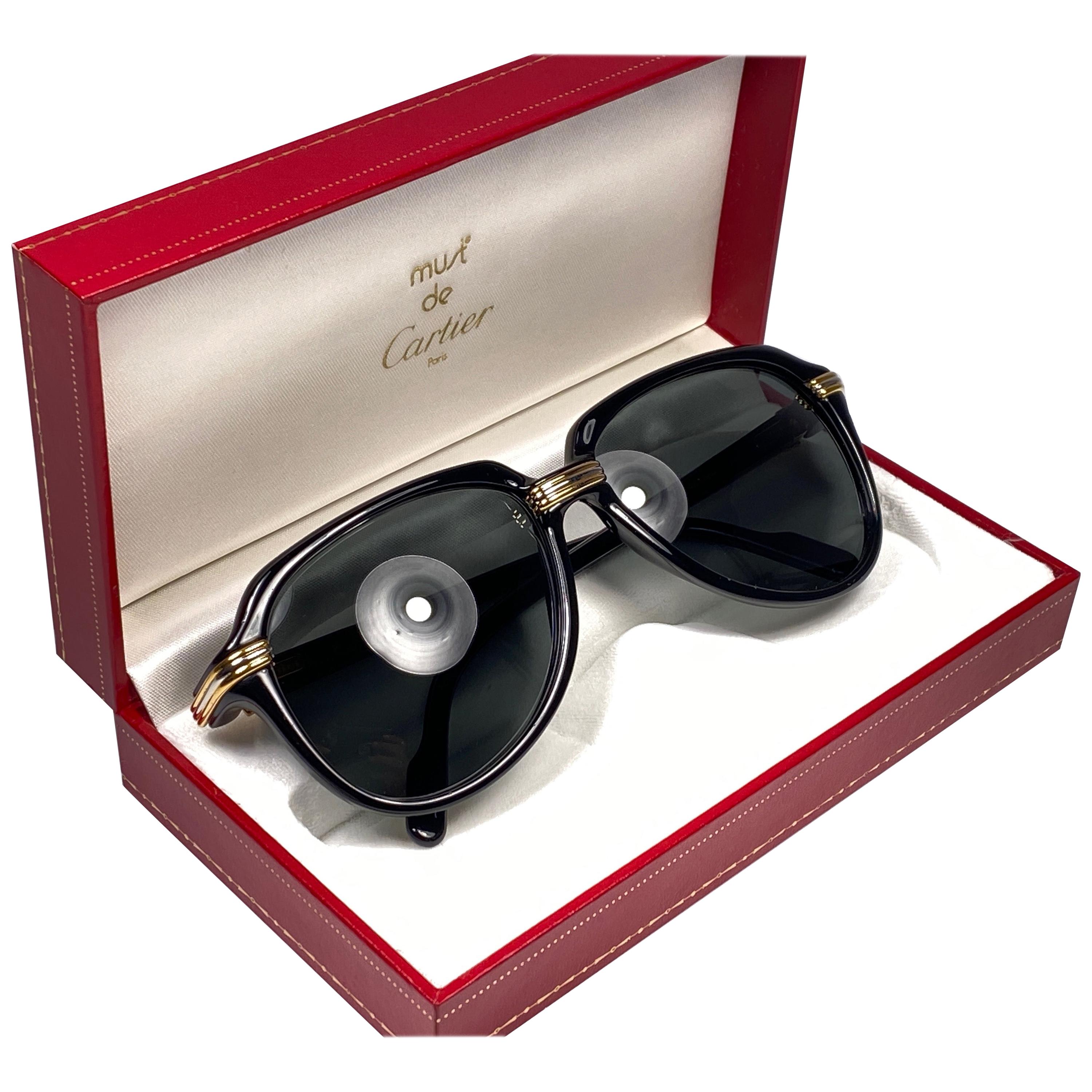 Neues Sammlerstück. Einzigartige und originelle Cartier Aviator Vitesse Sonnenbrille, die schwarze Edition mit Akzenten aus Gelb- und Weißgold. Die Gläser sind makellos mittelgrau.
Der Rahmen ist an den Seiten in Gold. Alle Markenzeichen.