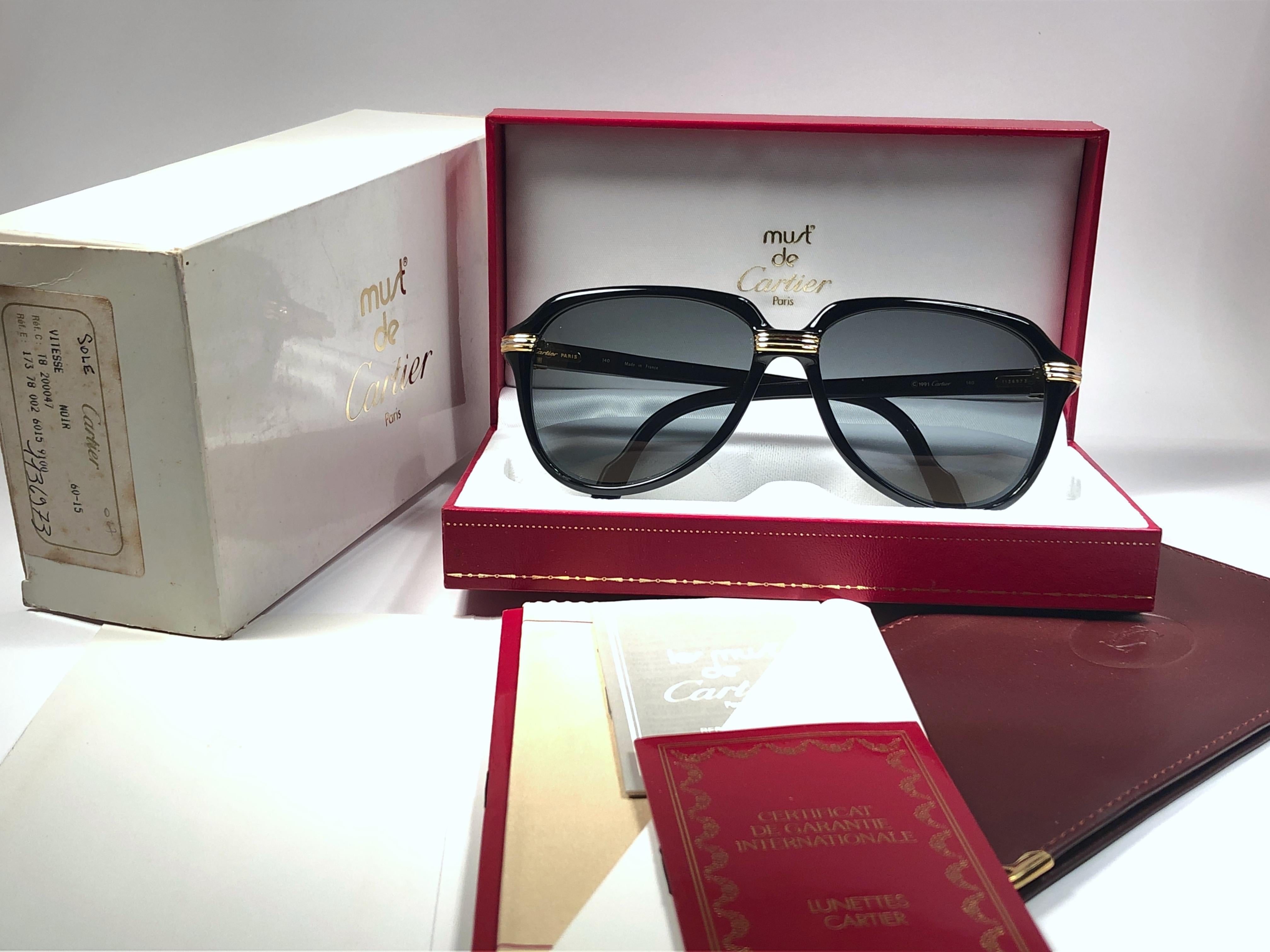 Vintage Cartier Vitesse Black Gold Oversized 60mm Gold Plated Sunglasses France  For Sale 2