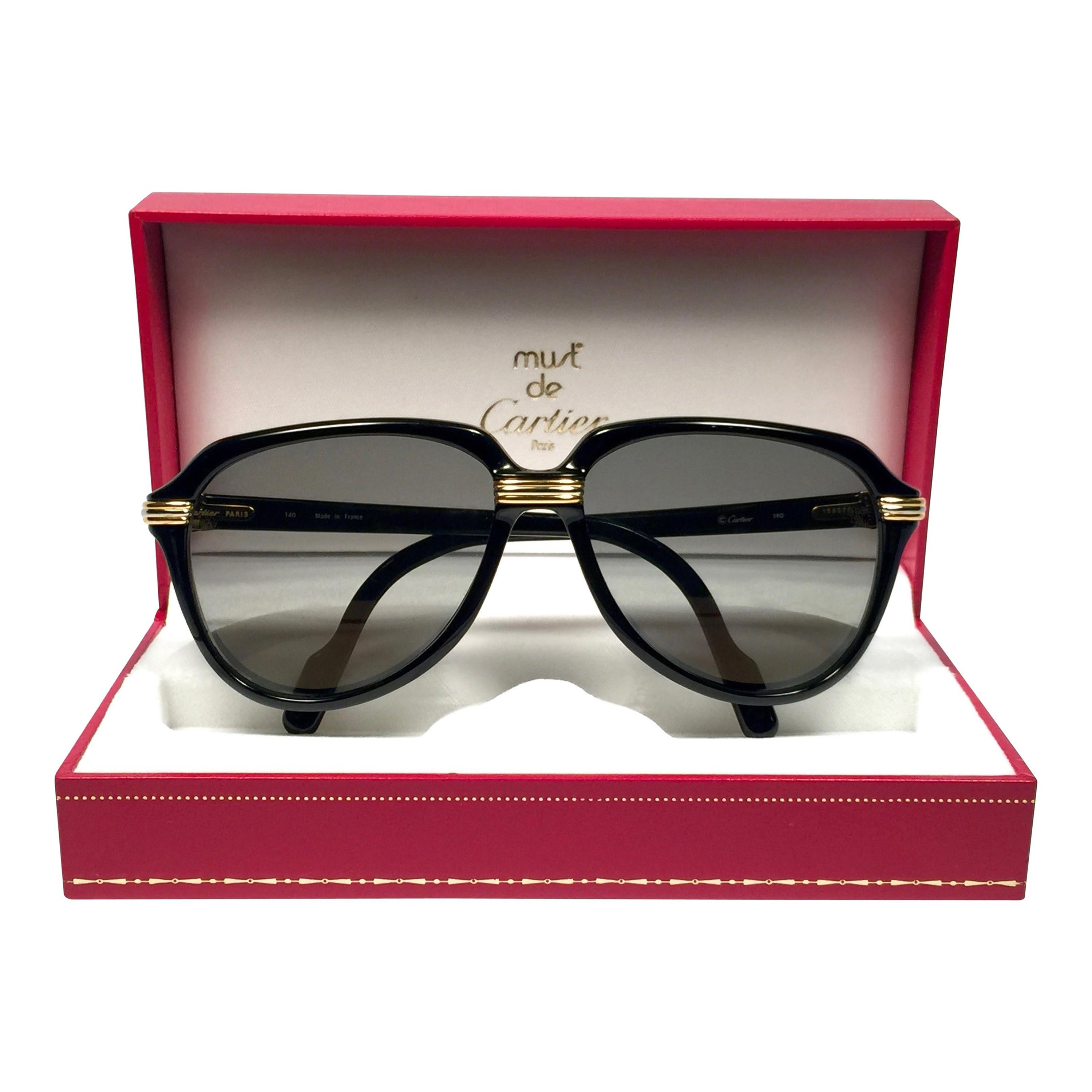 Vintage Cartier Vitesse Black Gold Oversized 60mm Gold Plated Sunglasses France