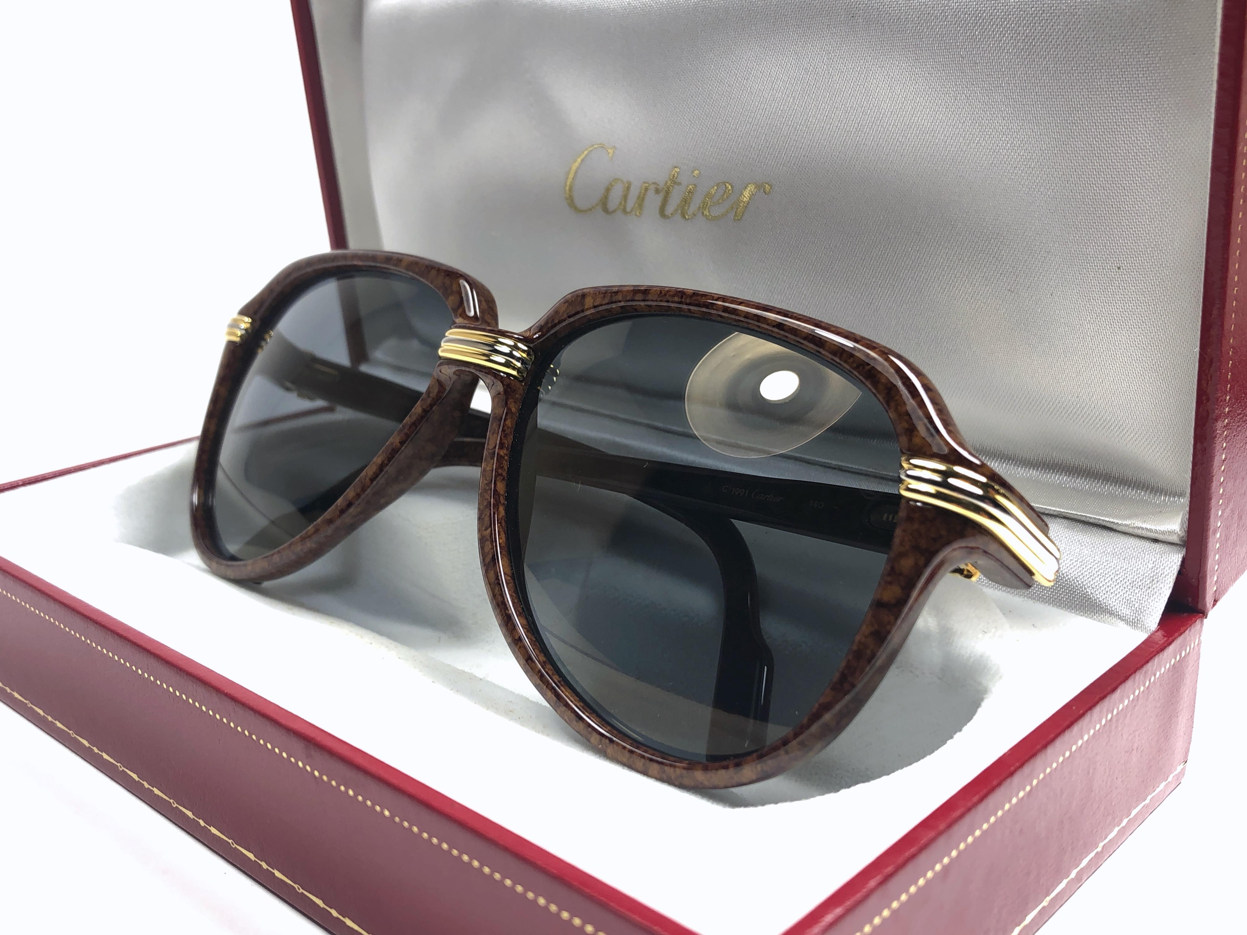 Gris Lunettes de soleil vintage Cartier Vitesse Brown Jaspe 58MM 18K Gold Plated France  en vente