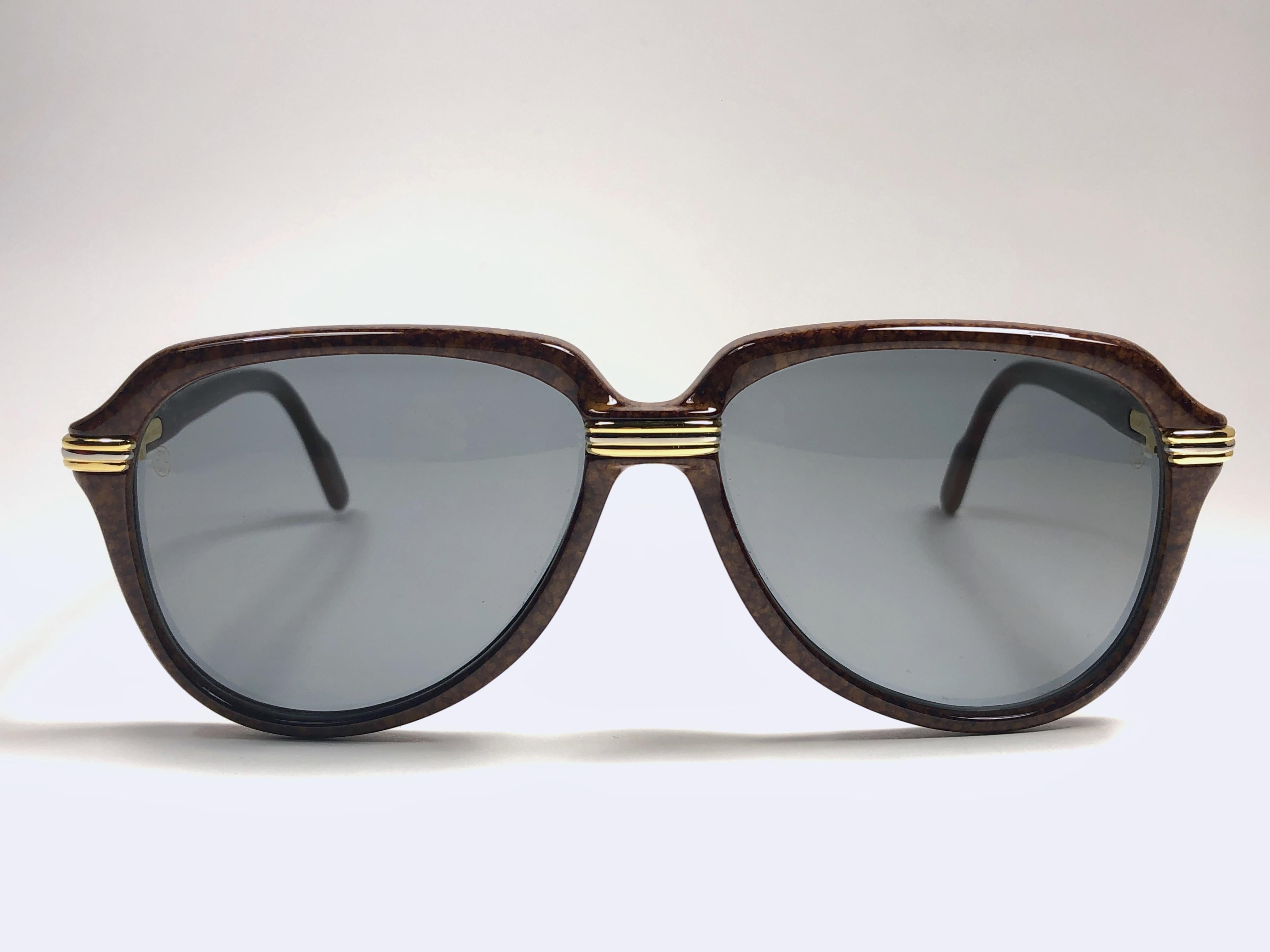 Gray Vintage Cartier Vitesse Brown Jaspe 58MM 18K Gold Plated Sunglasses France  For Sale
