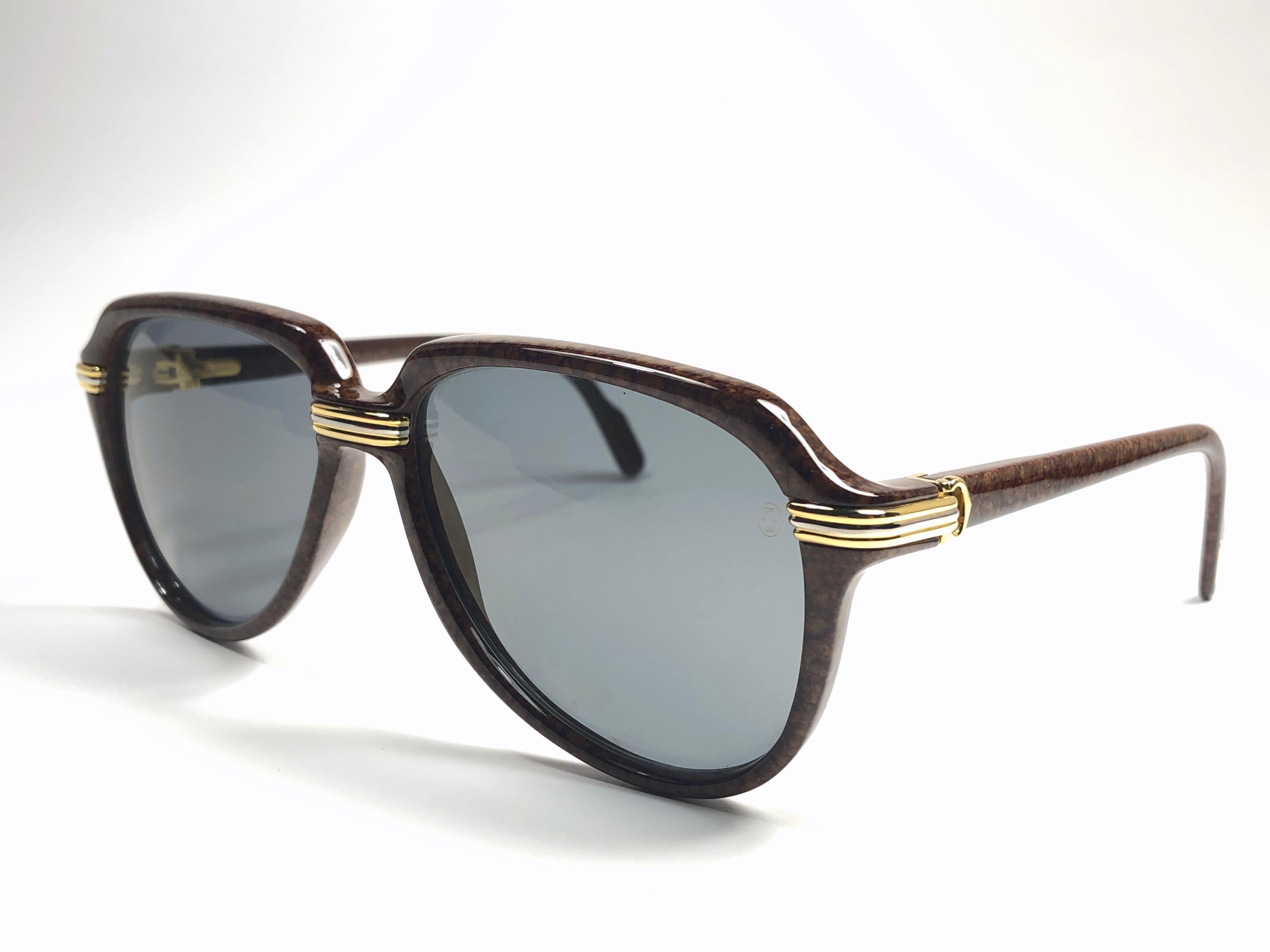 Women's or Men's Vintage Cartier Vitesse Brown Jaspe 58MM 18K Gold Plated Sunglasses France  For Sale