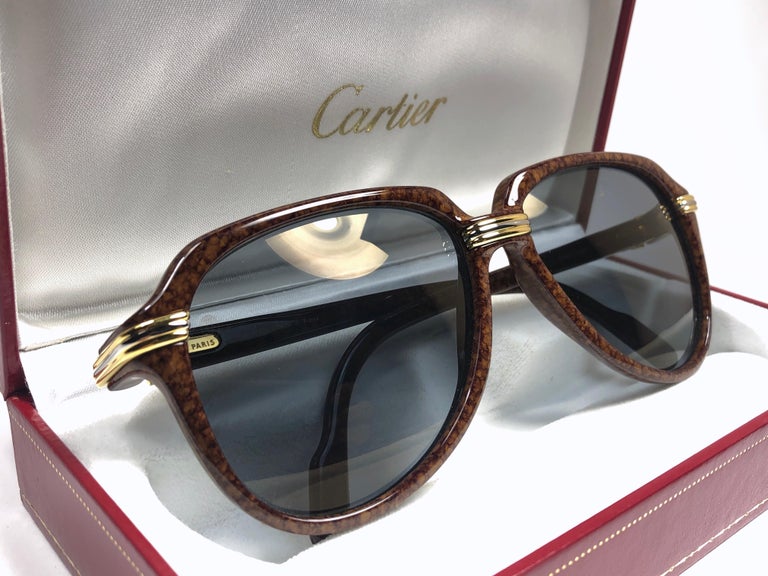 Vintage Cartier Vitesse Brown Jaspe 60MM 18K Gold Plated Sunglasses ...