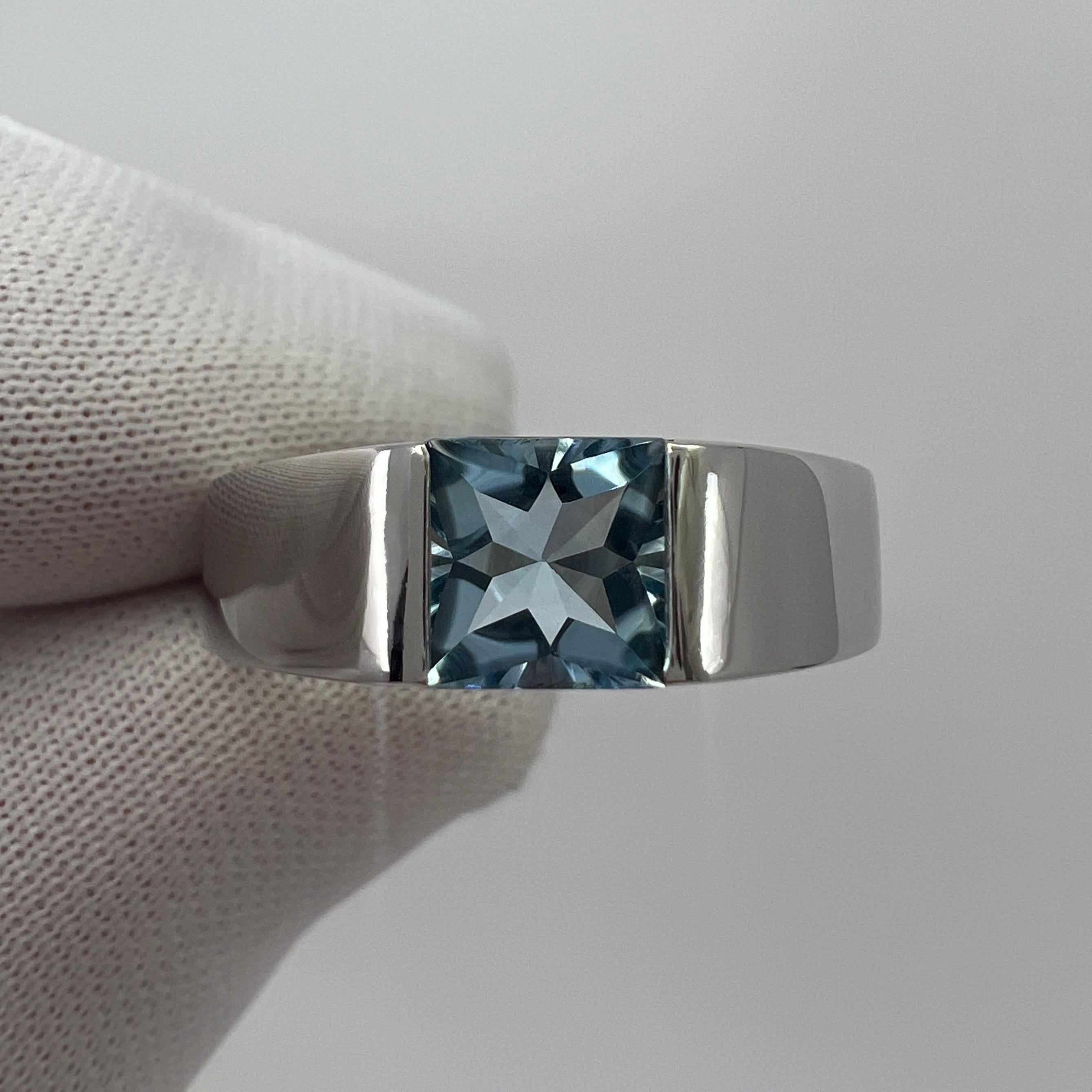 Vintage Cartier Vivid Blue Aquamarine Square Cushion 18k White Gold Tank Ring 49 2