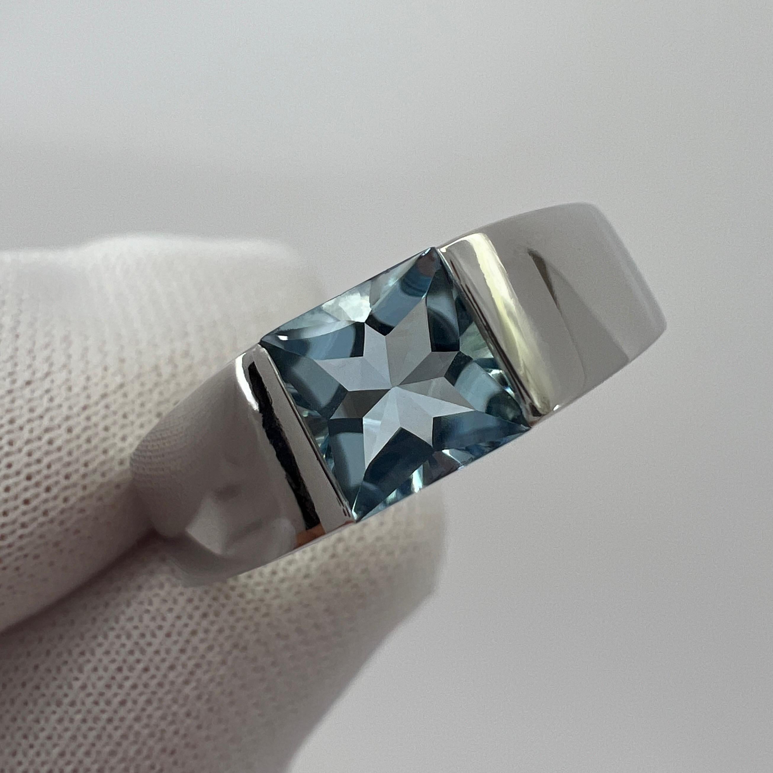 Square Cut Vintage Cartier Vivid Blue Aquamarine Square Cushion 18k White Gold Tank Ring 49
