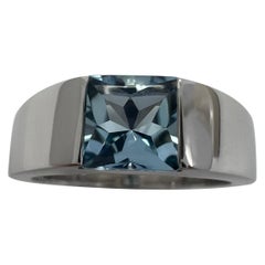 Vintage Cartier Vivid Blue Aquamarine Square Cushion 18k White Gold Tank Ring 53