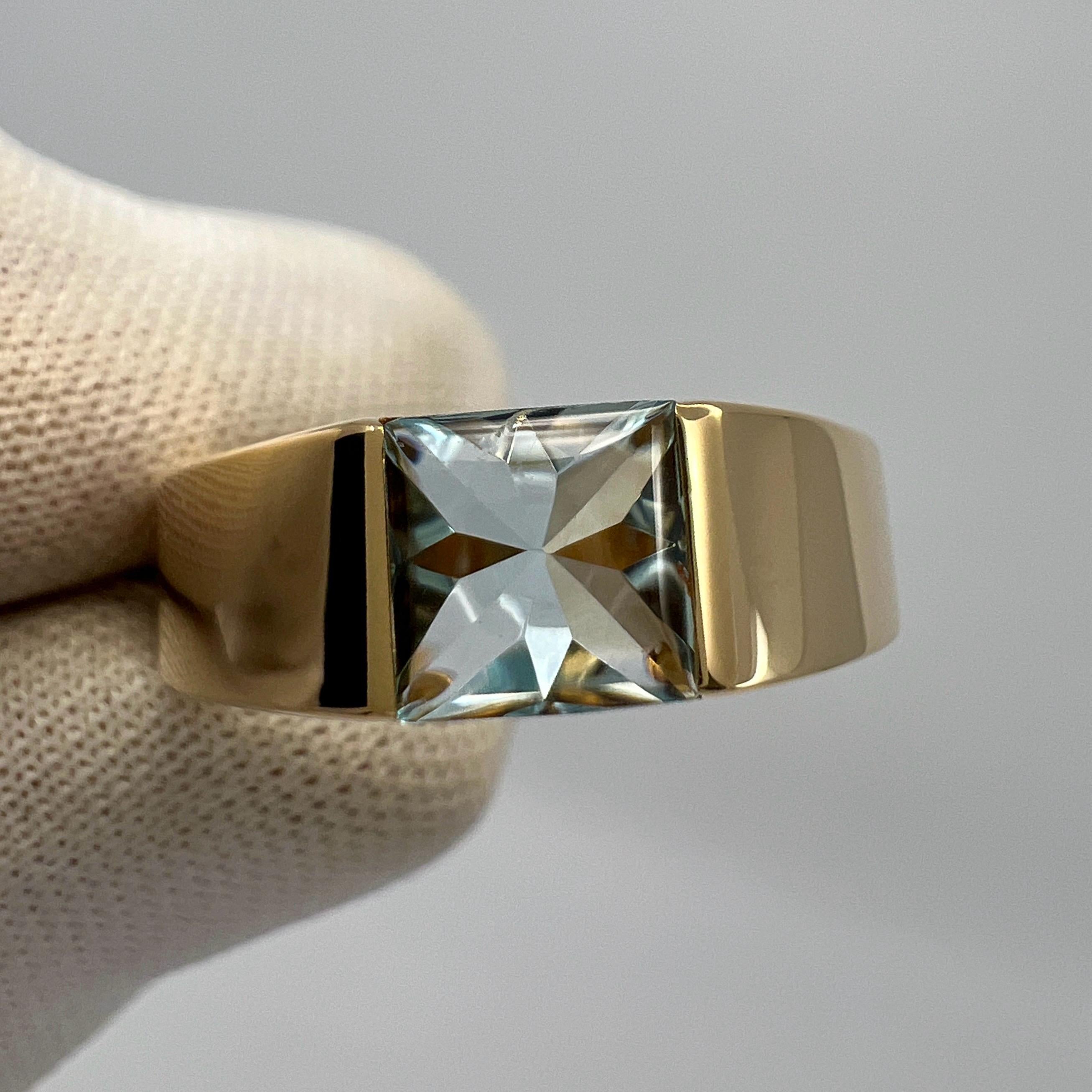 Vintage Cartier Azul Vivo Aguamarina Cojín Cuadrado Anillo Tanque Oro Amarillo 18k 5