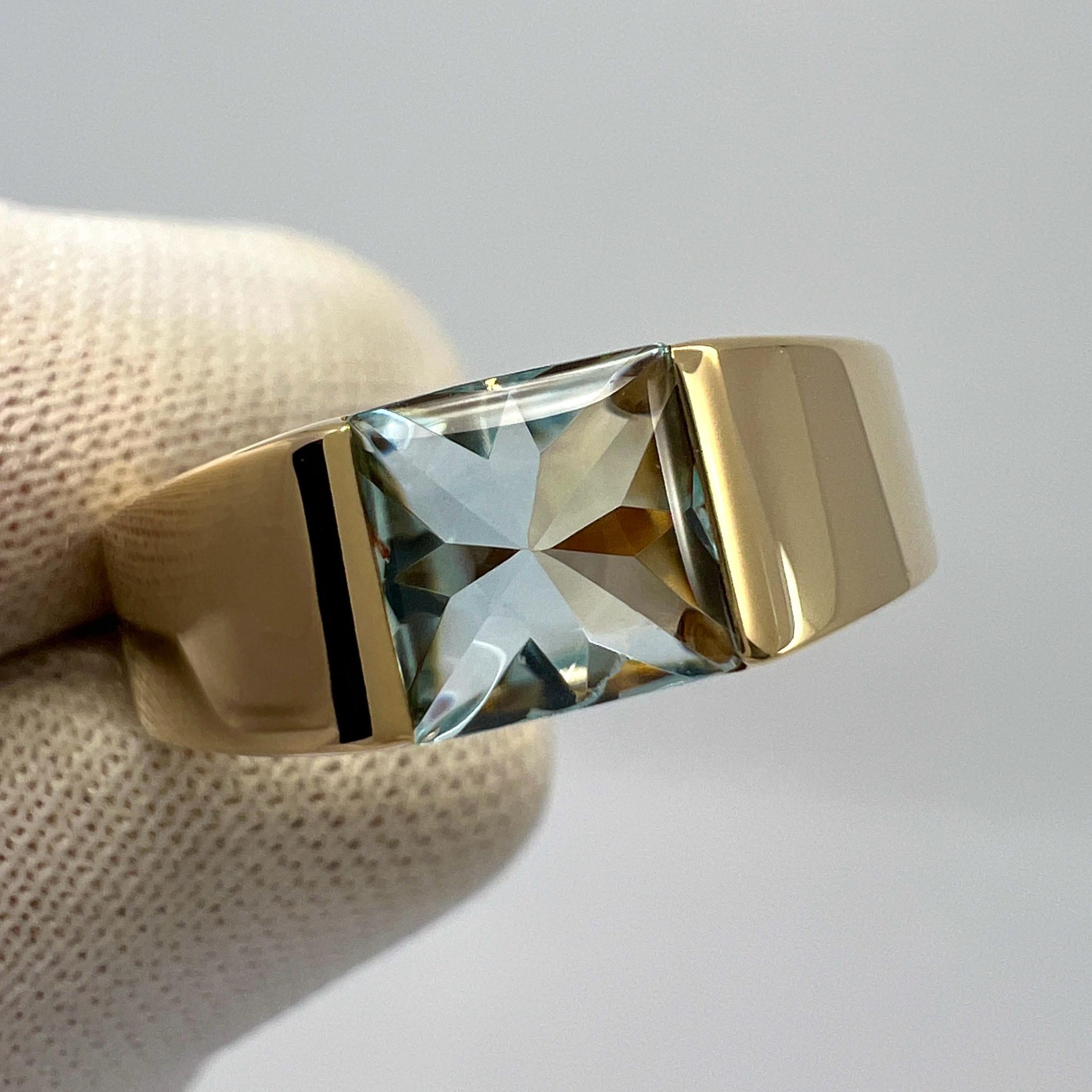 Vintage Cartier Azul Vivo Aguamarina Cojín Cuadrado Anillo Tanque Oro Amarillo 18k 1