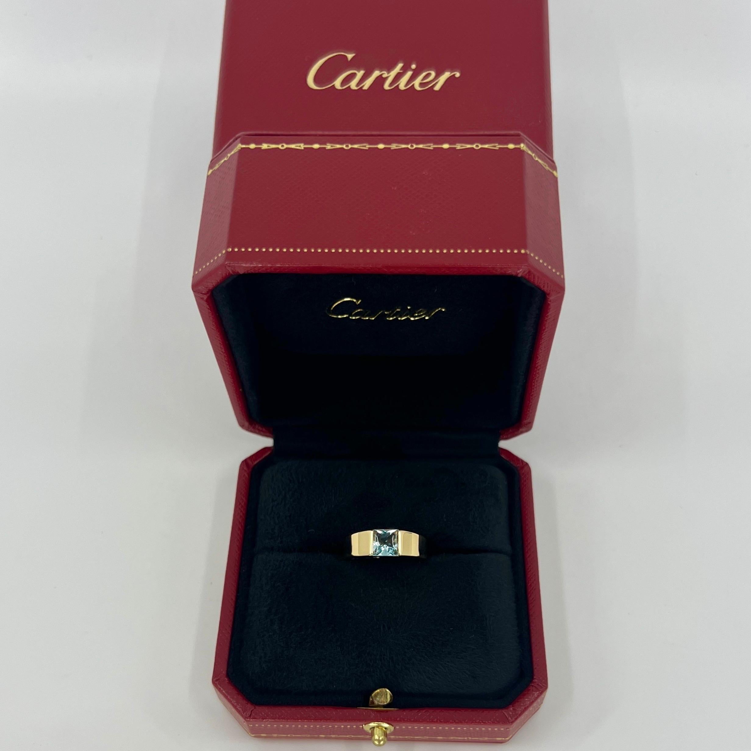 Vintage Cartier Azul Vivo Aguamarina Cojín Cuadrado Anillo Tanque Oro Amarillo 18k 4