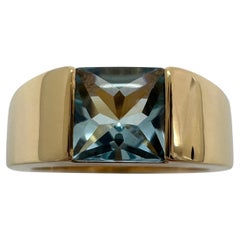 Vintage Cartier Vivid Blue Aquamarine Square Cushion 18k Yellow Gold Tank Ring