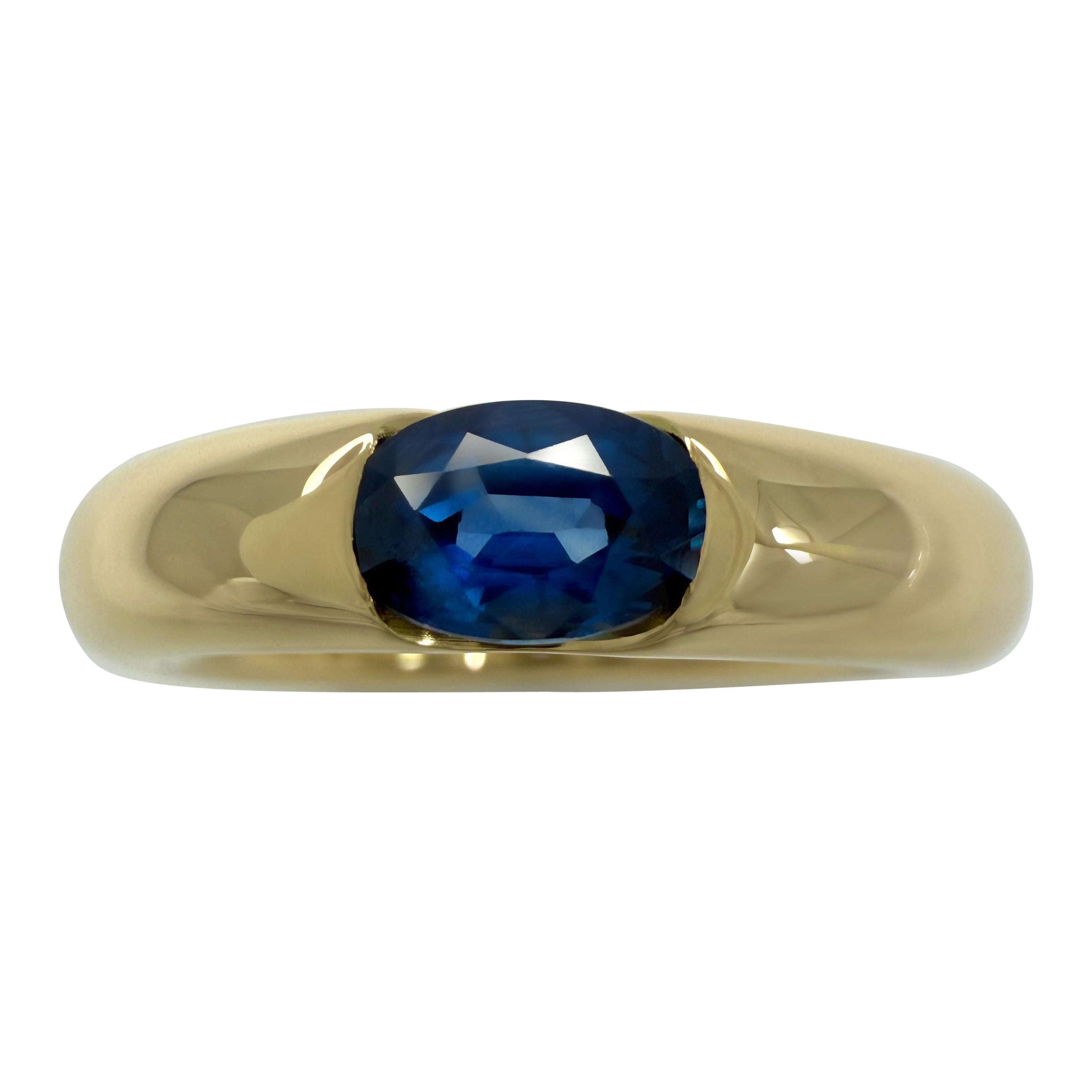Anillo Solitario Vintage Cartier Zafiro Azul Vivo Elipse Ovalada Oro Amarillo 18k