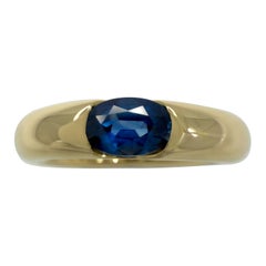 Anillo Solitario Vintage Cartier Zafiro Azul Vivo Elipse Ovalada Oro Amarillo 18k