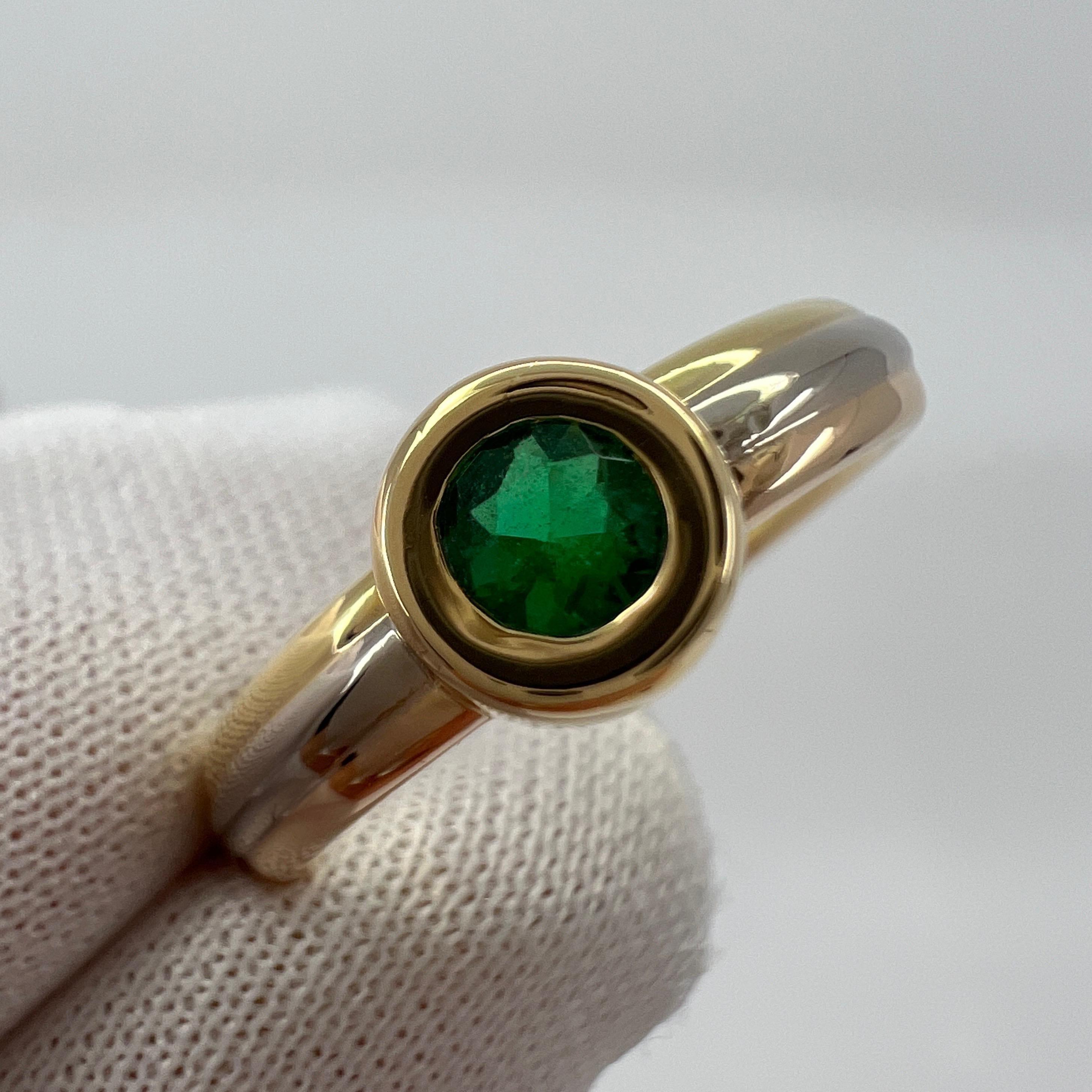 Vintage Cartier Vivid Emerald Round 18k Tricolour Multi Tone Gold Solitaire Ring 2