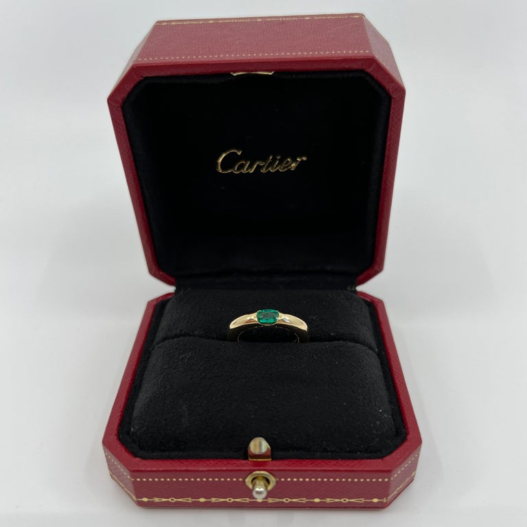 Vintage Cartier Vivid Green Emerald Ellipse 18k Yellow Gold Solitaire Ring 2
