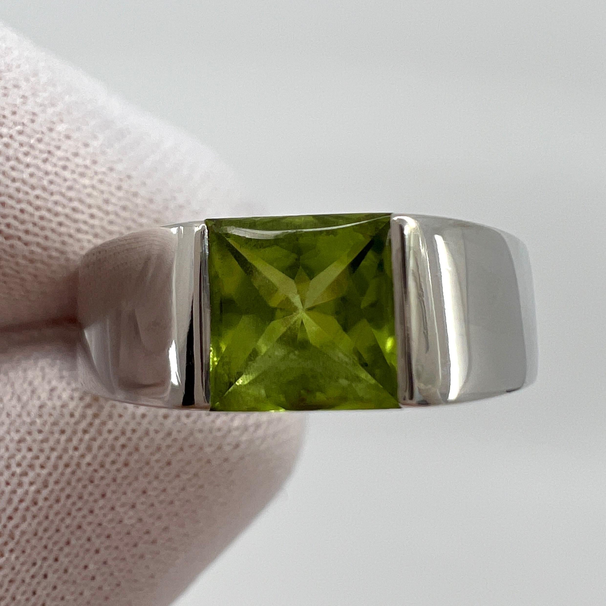 Square Cut Vintage Cartier Vivid Green Peridot 18 Karat White Gold Tank Band Solo Ring