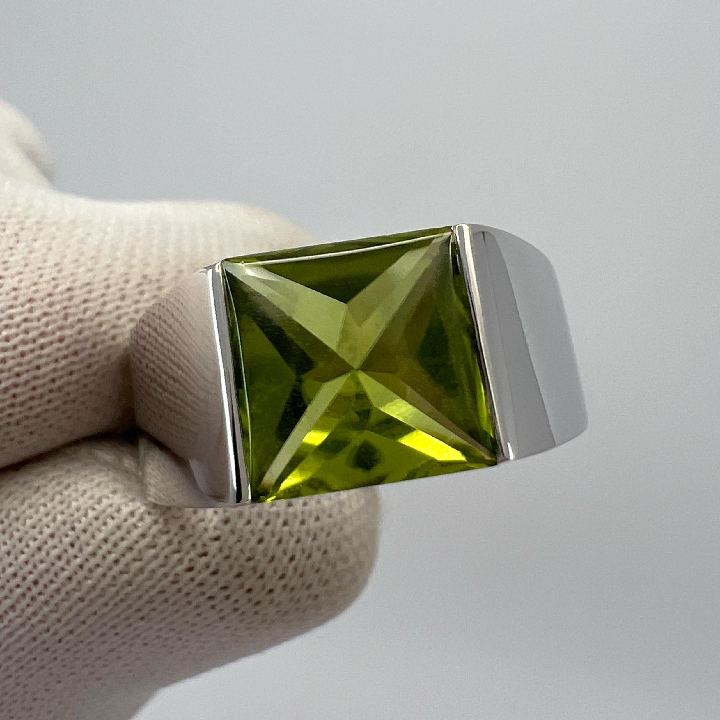 Square Cut Vintage Cartier Vivid Green Peridot 18k White Gold Large Tank Band Solo Ring 50 For Sale