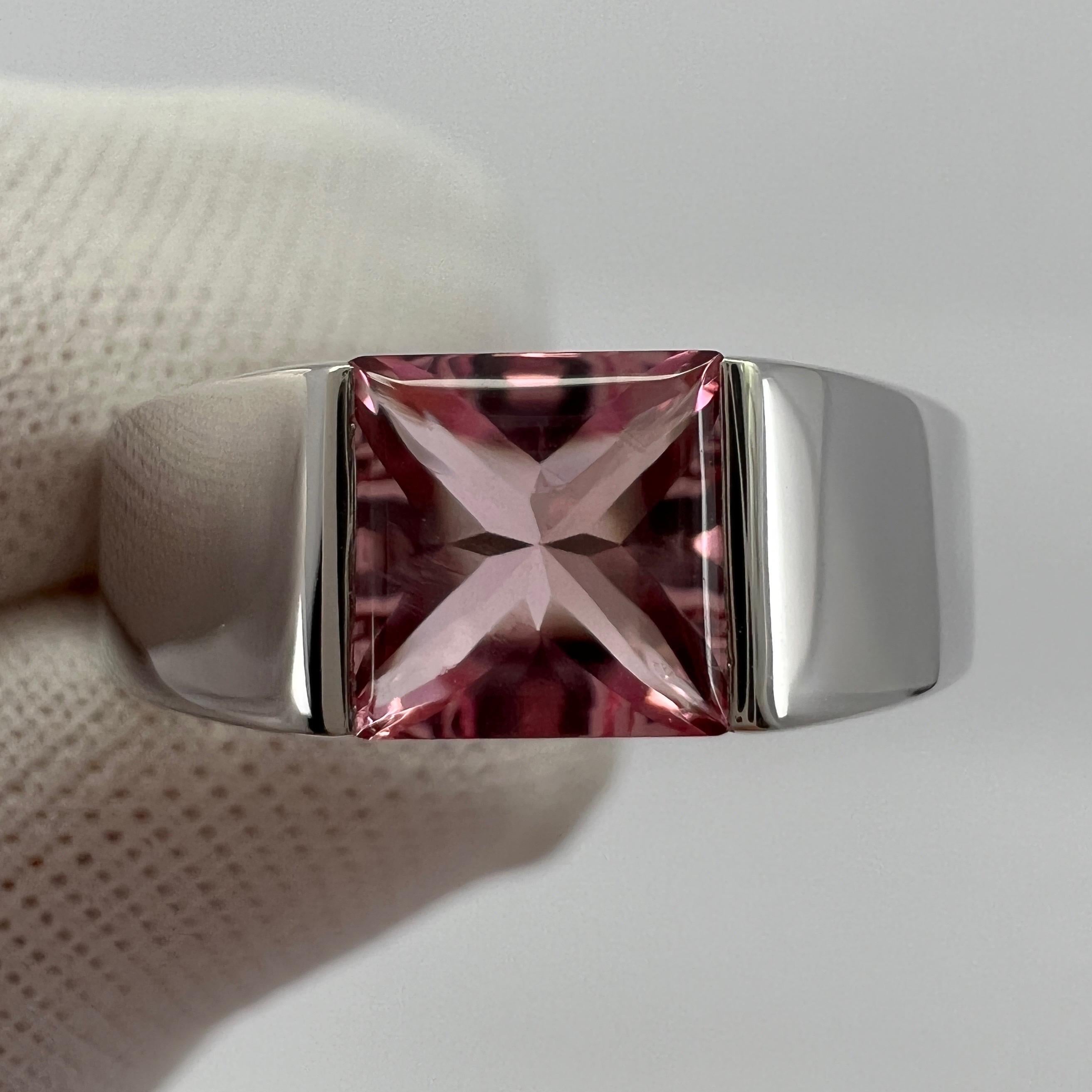Vintage Cartier Vivid Pink Tourmaline 18 Karat White Gold Tank Band Ring 50 For Sale 5
