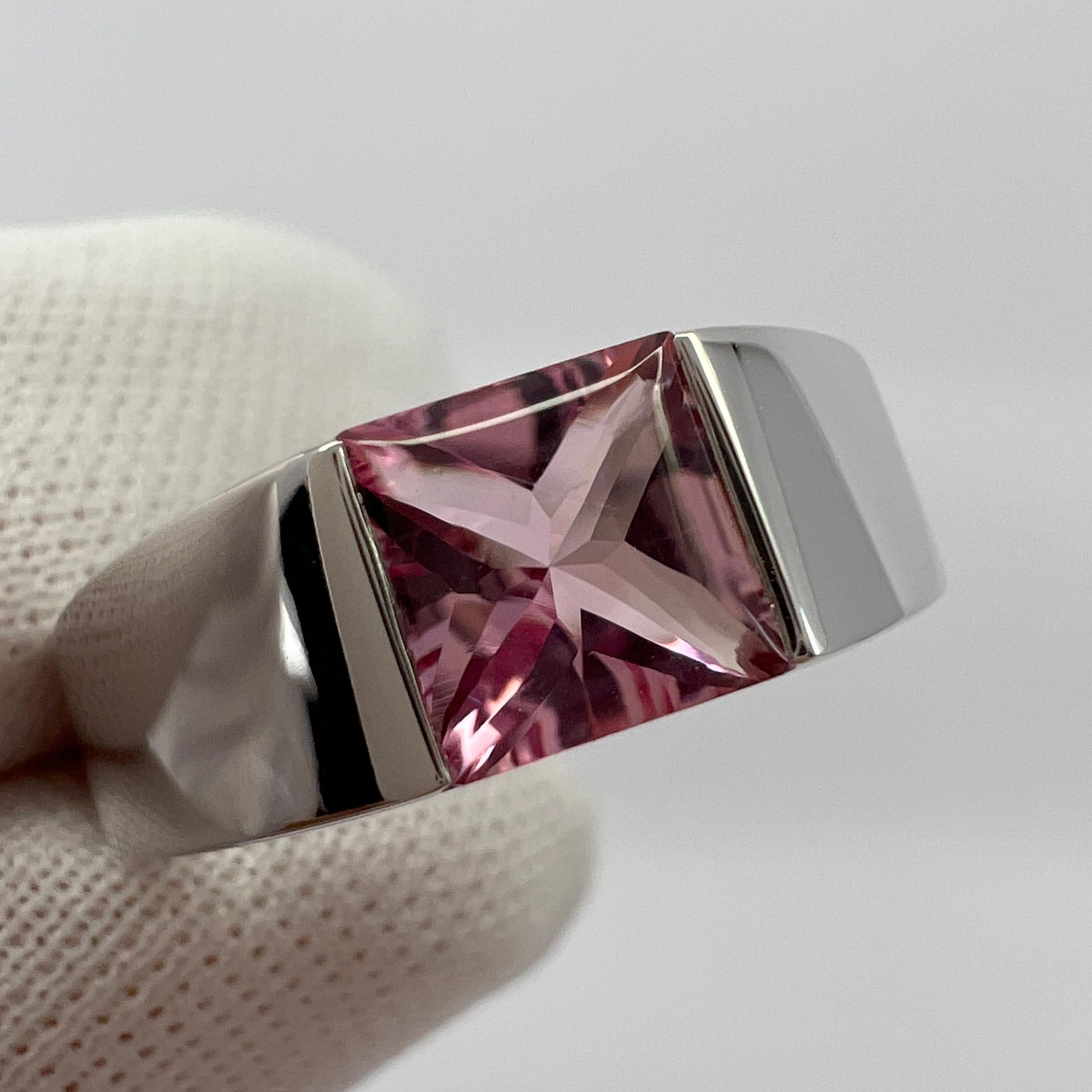 Vintage Cartier Vivid Pink Tourmaline 18 Karat White Gold Tank Band Ring 50 In Excellent Condition For Sale In Birmingham, GB