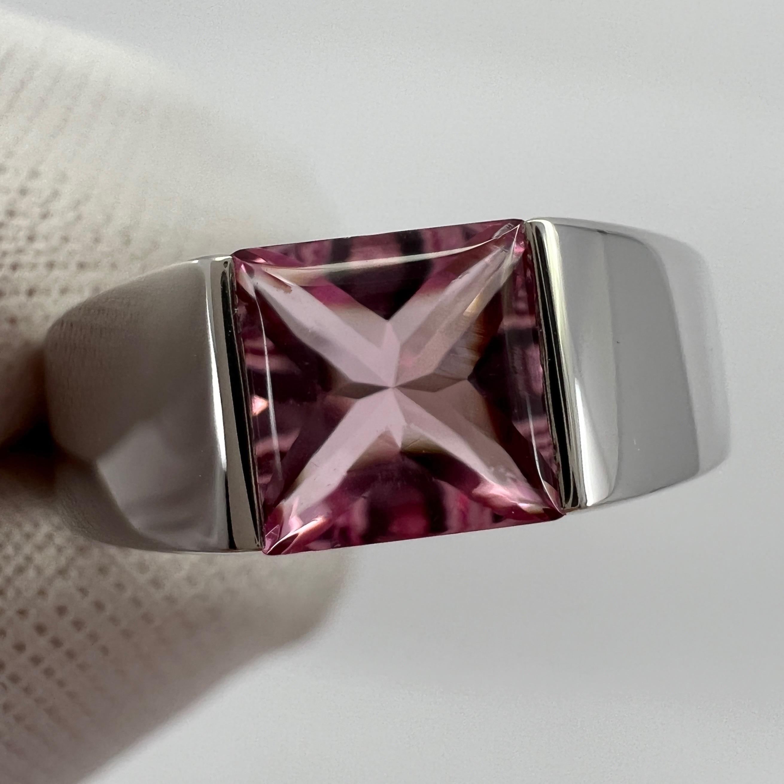 Women's or Men's Vintage Cartier Vivid Pink Tourmaline 18 Karat White Gold Tank Band Ring 50 For Sale