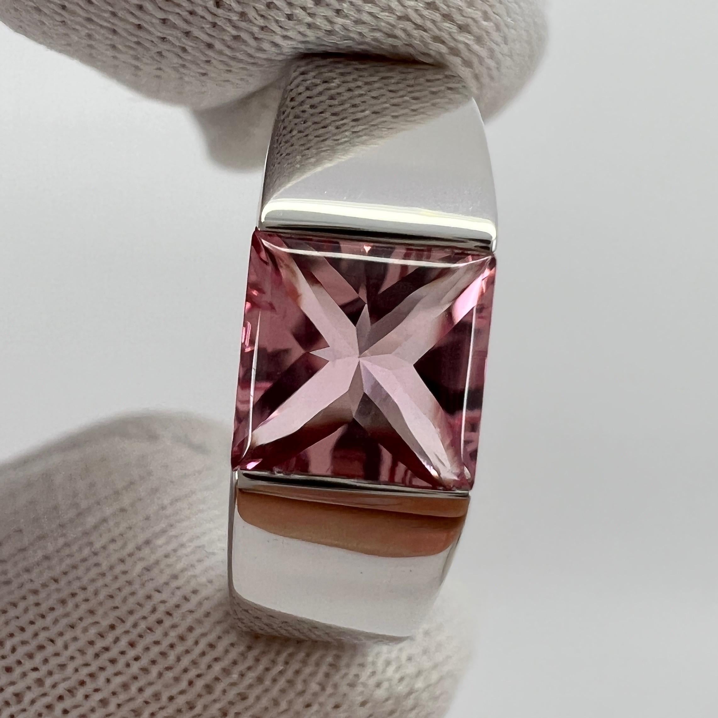 Vintage Cartier Vivid Pink Tourmaline 18 Karat White Gold Tank Band Ring 50 For Sale 1