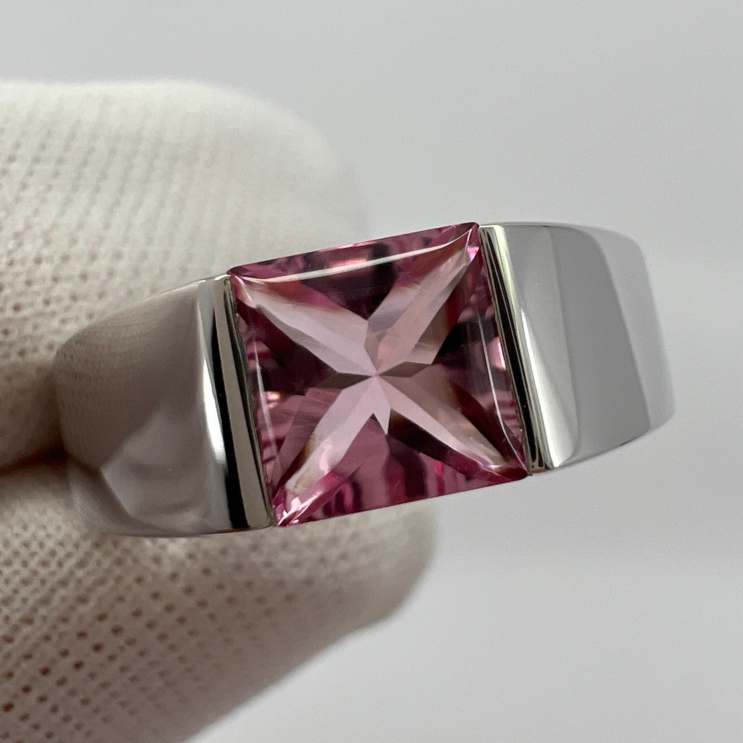 Vintage Cartier Vivid Pink Tourmaline 18 Karat White Gold Tank Band Ring 50 For Sale 3