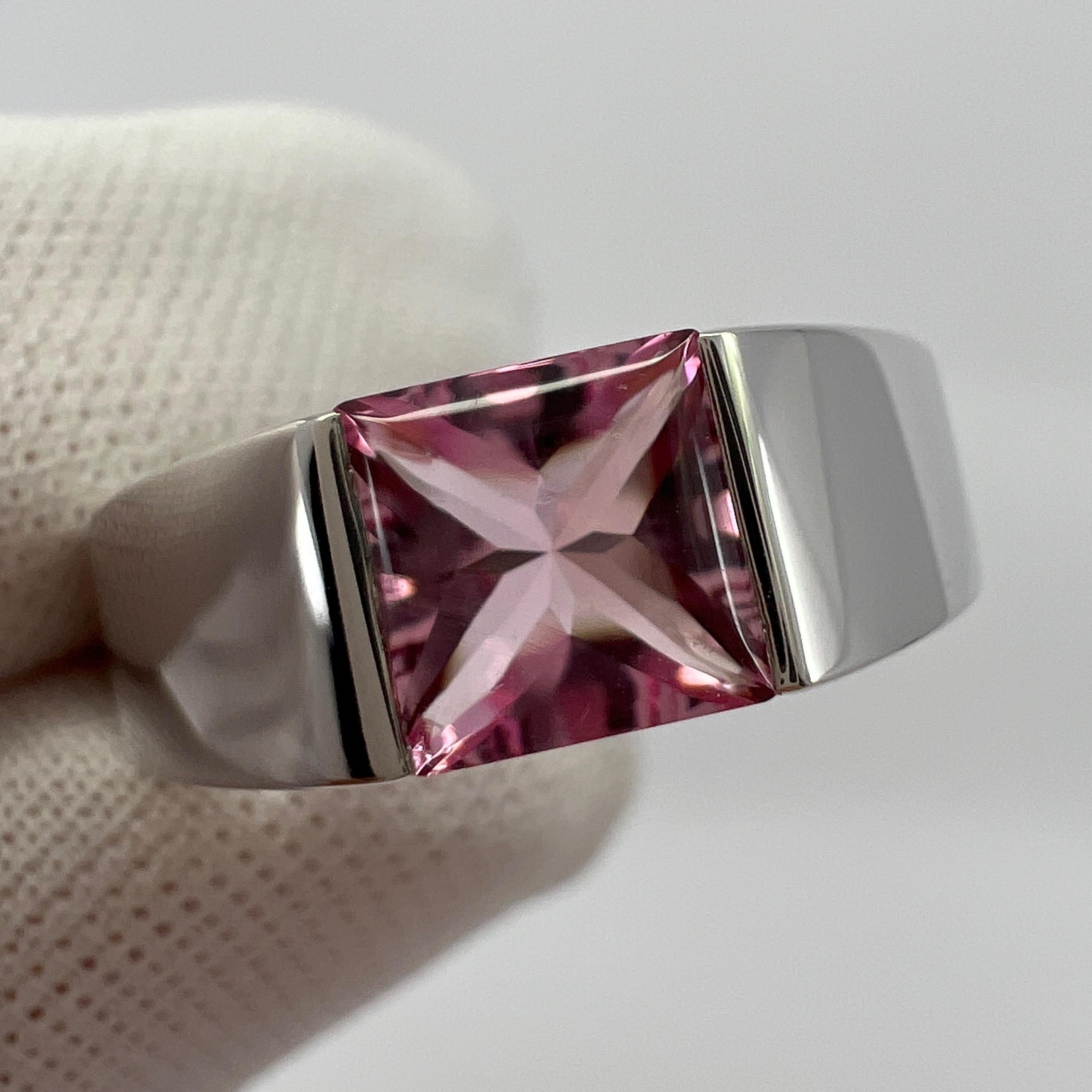 Vintage Cartier Vivid Pink Tourmaline 18 Karat White Gold Tank Band Ring 50 For Sale 4