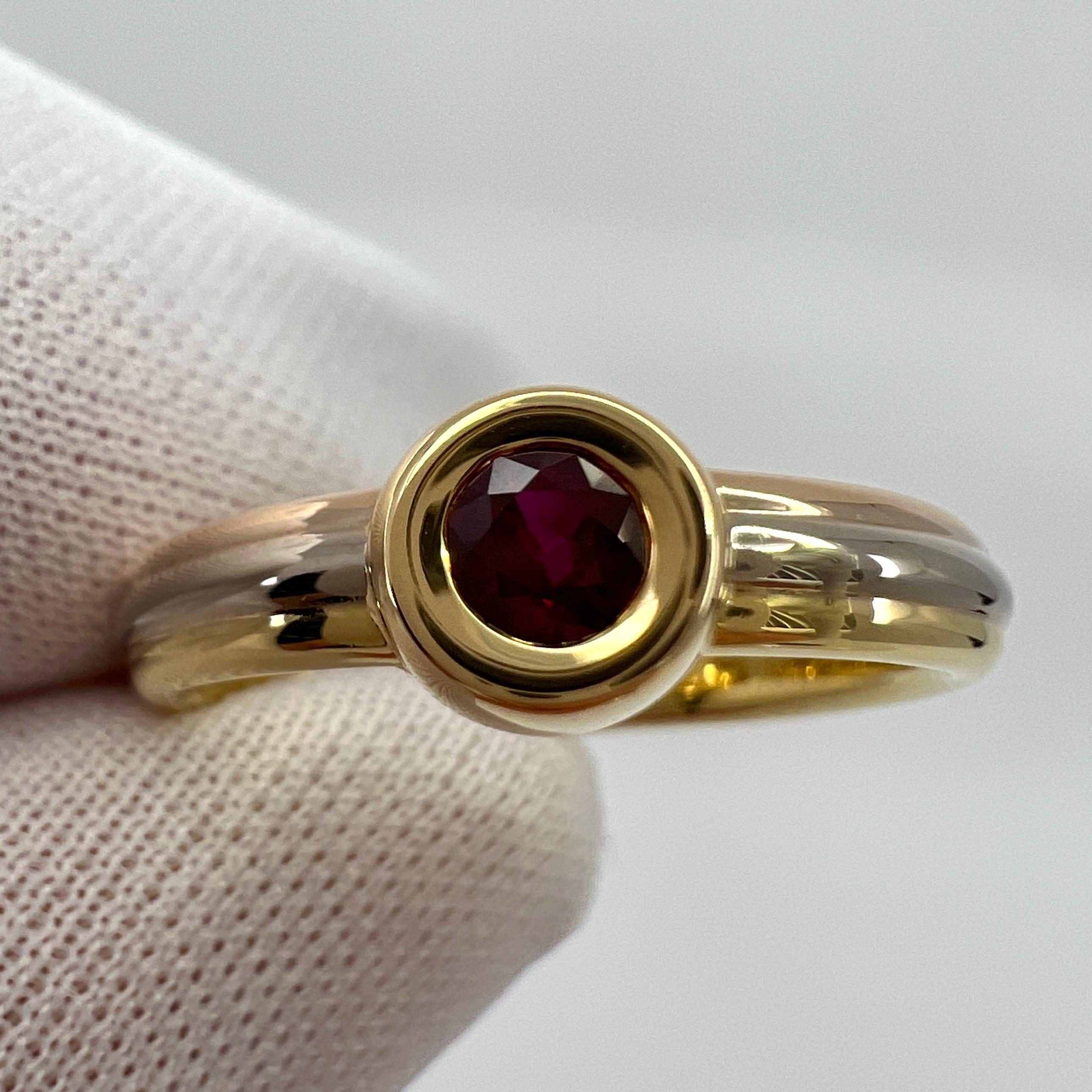 Round Cut Vintage Cartier Vivid Ruby Round 18k Tricolour Multi Tone Gold Solitaire Ring 47