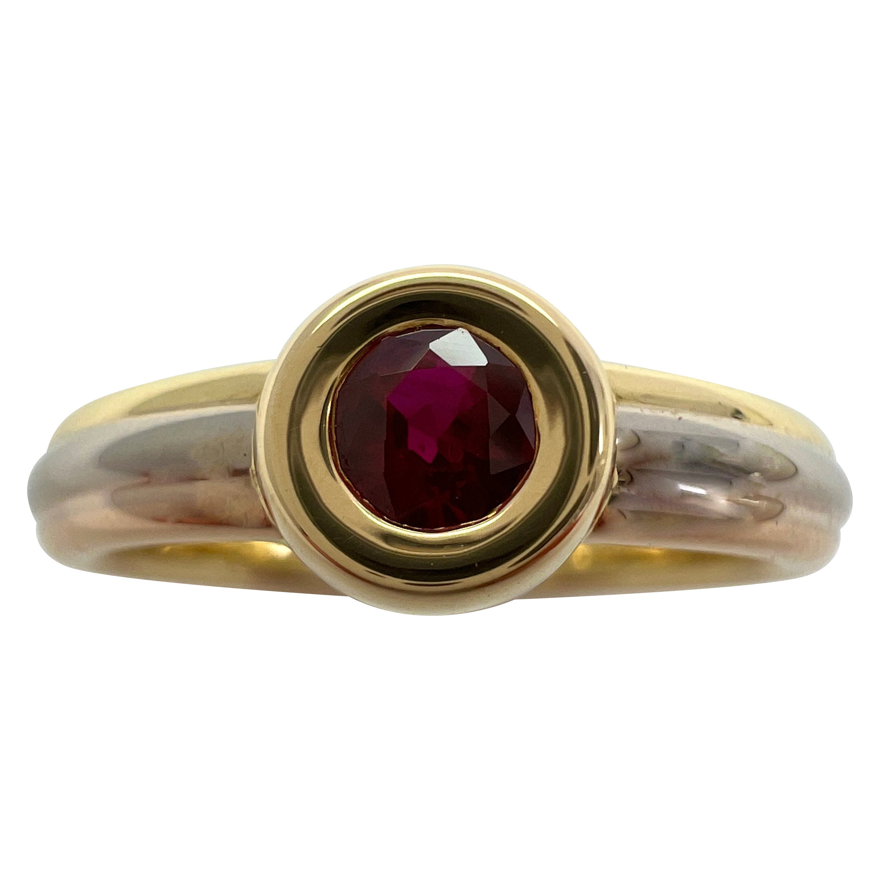 Vintage Cartier Vivid Ruby Round 18k Tricolour Multi Tone Gold Solitaire Ring 50