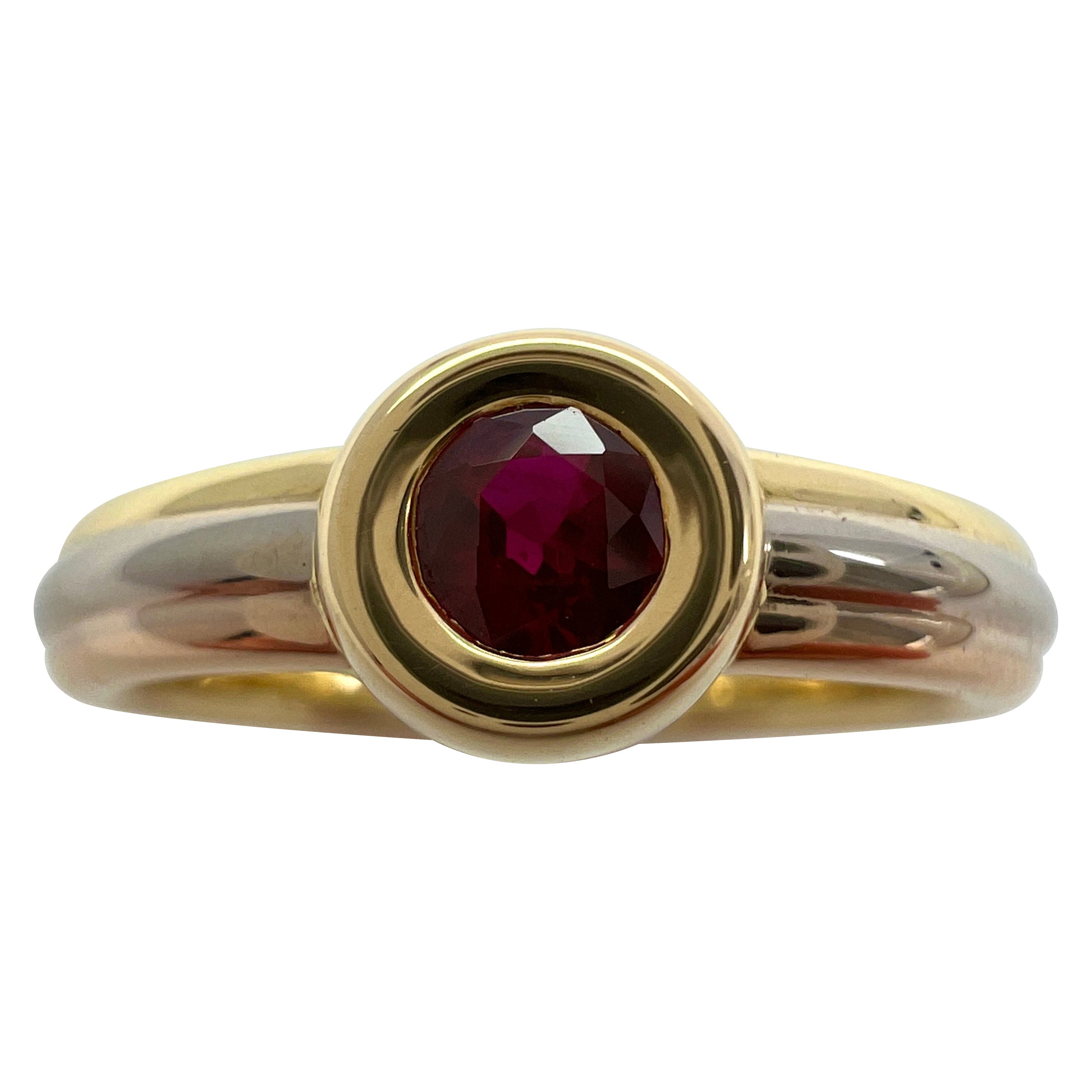 Vintage Cartier Vivid Ruby Round 18k Tricolour Multi Tone Gold Solitaire Ring 51