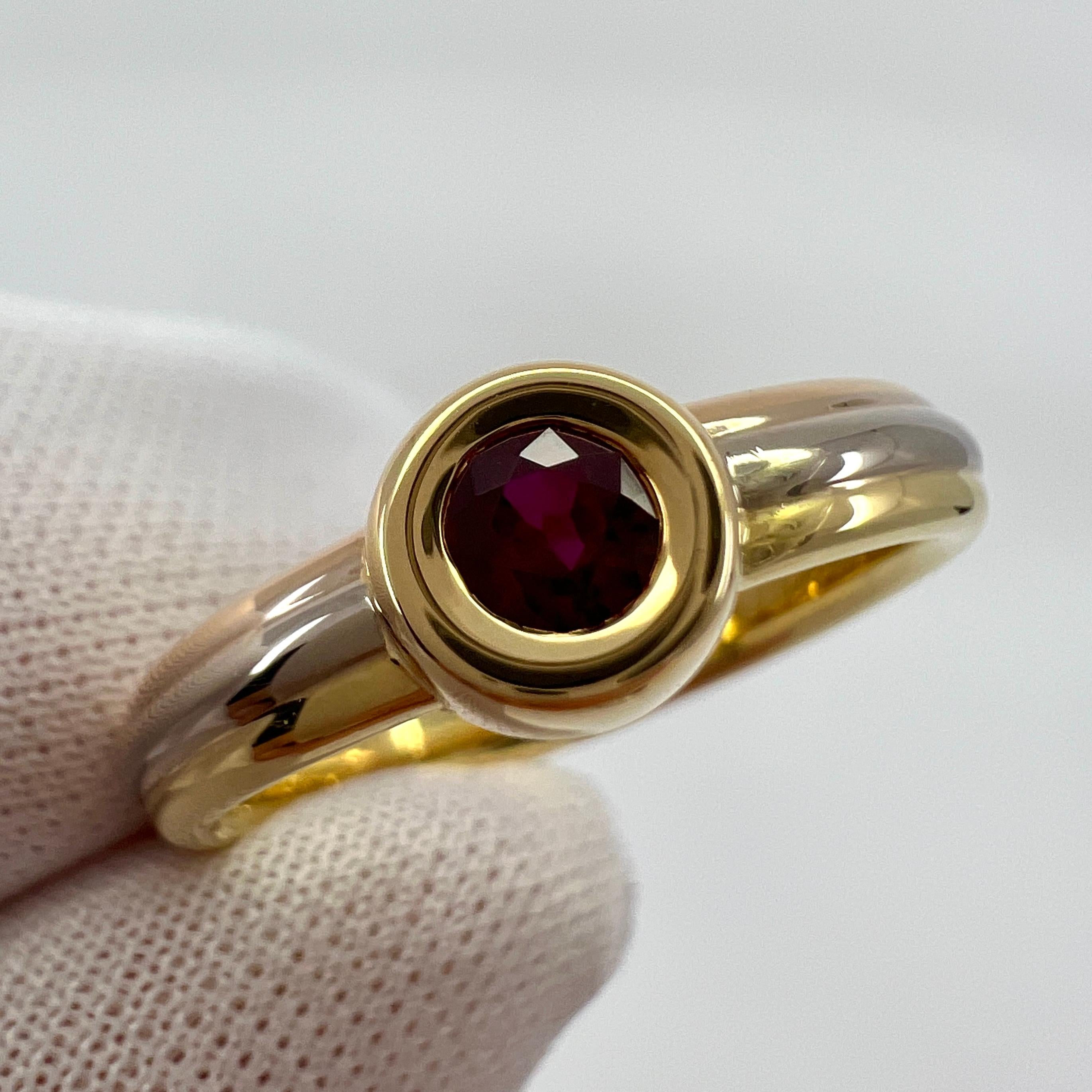 Vintage Cartier Vivid Ruby Round 18k Tricolour Multi Tone Gold Solitaire Ring 2